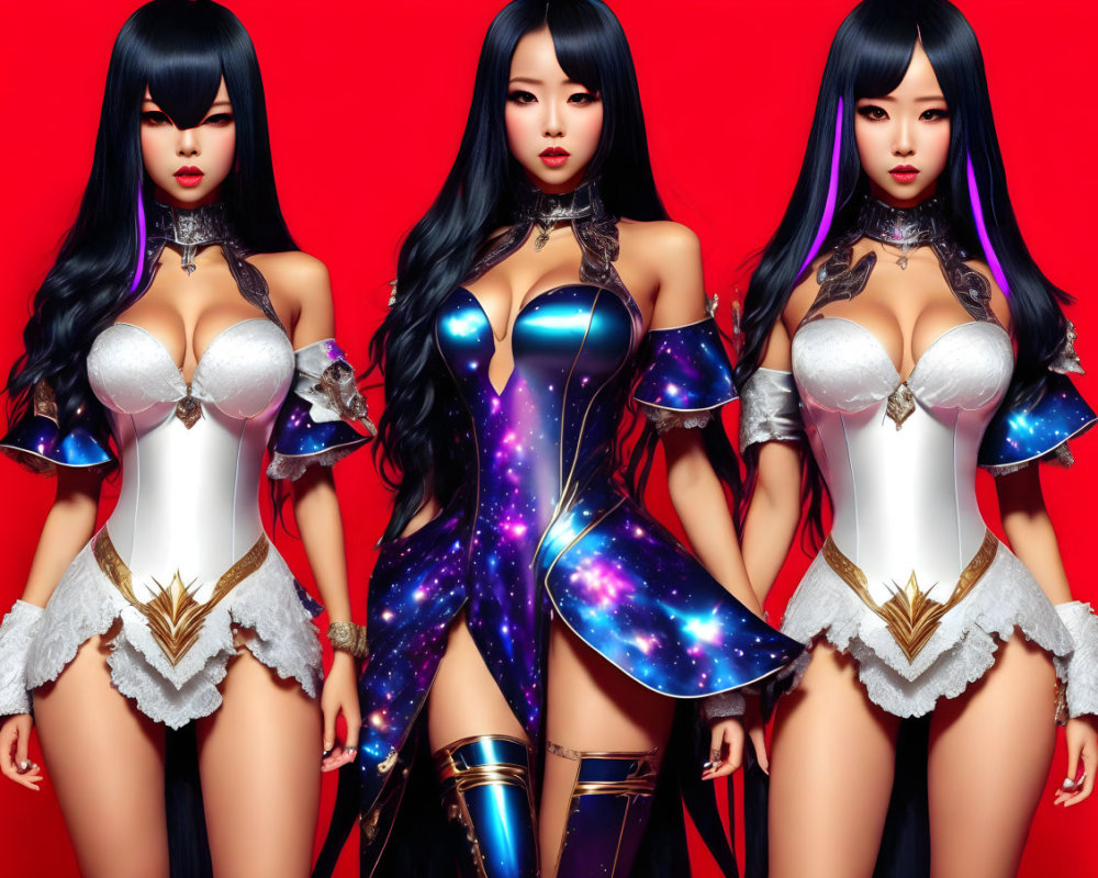 Stylized female figures in white and purple fantasy outfits on red background