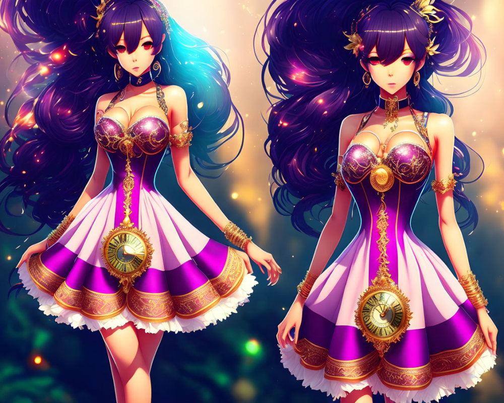 Identical animated characters with flowing dark hair in purple and gold dresses in mystical forest.