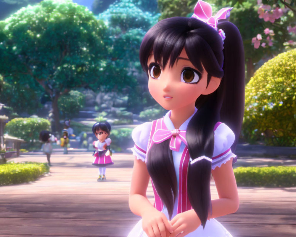 Animated girl with big eyes and dark hair in pink bows, white and pink dress, standing in sunny