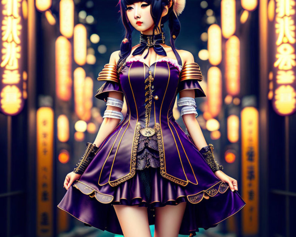 Stylized female anime character in purple and gold outfit among neon signs