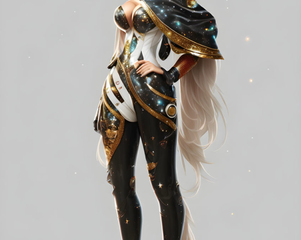 Futuristic female character in black and gold bodysuit with celestial motifs