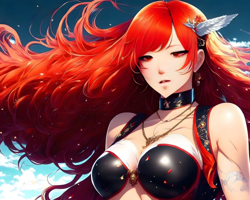 Digital artwork: Woman with vibrant red hair and feather accessory in black outfit, gold jewelry, fierce gaze