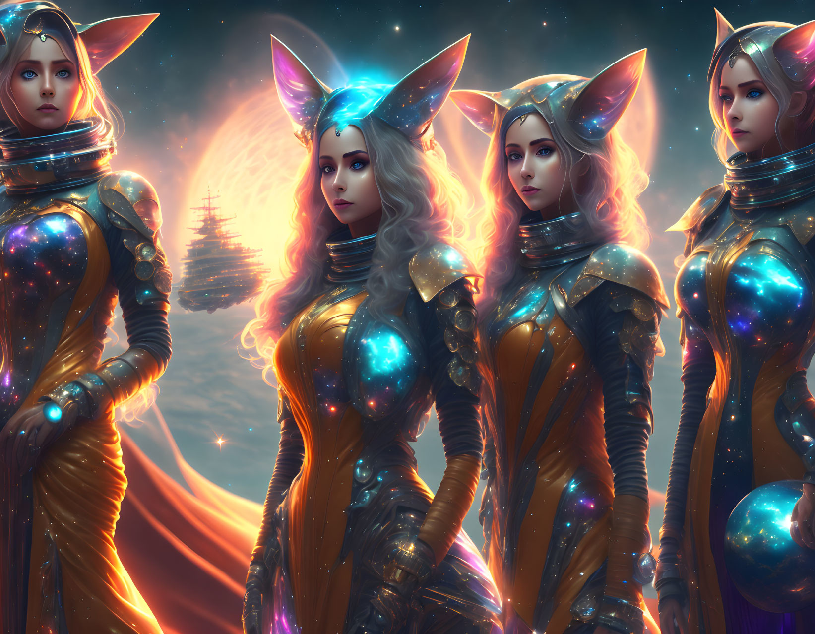 Four female space warriors in armored suits with feline ears in cosmic setting