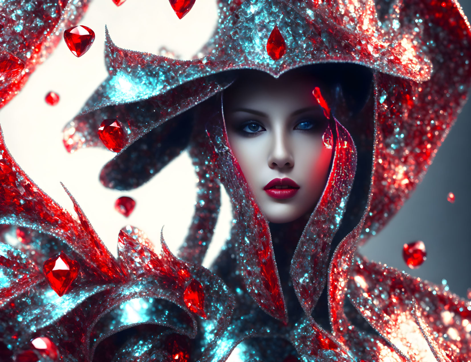 Mystical woman adorned in ruby red gems and silver costume with swirling shapes