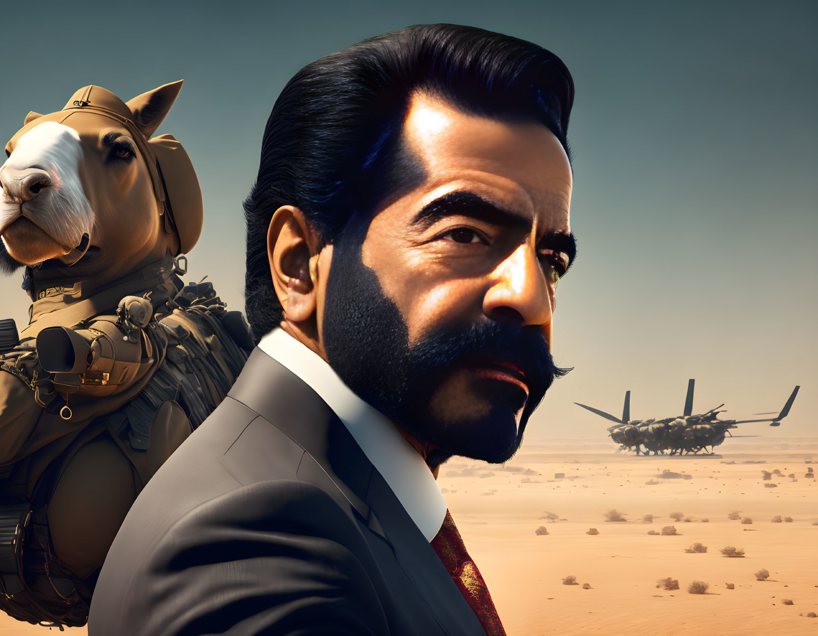 Man with thick mustache in suit next to dog in headset, helicopter in desert.