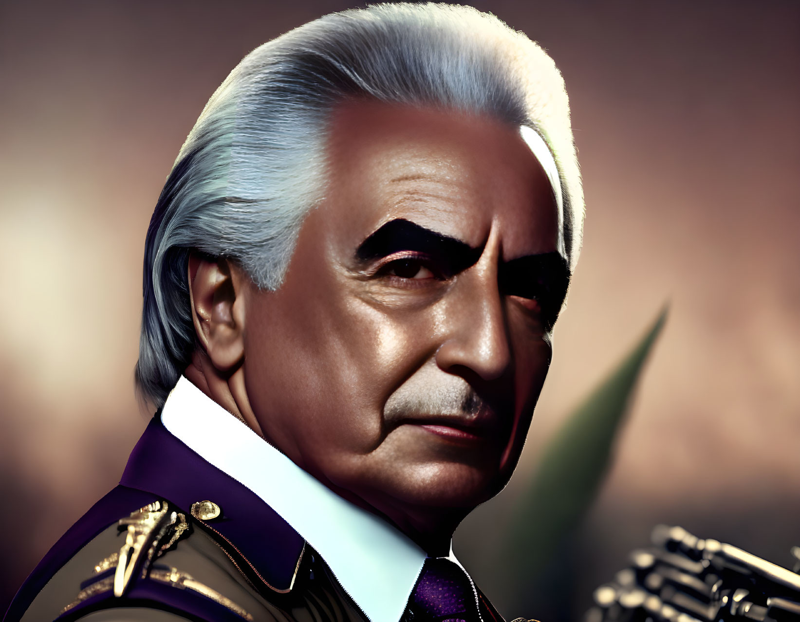 Realistic digital portrait: older man with silver hair, stern expression, decorated military uniform