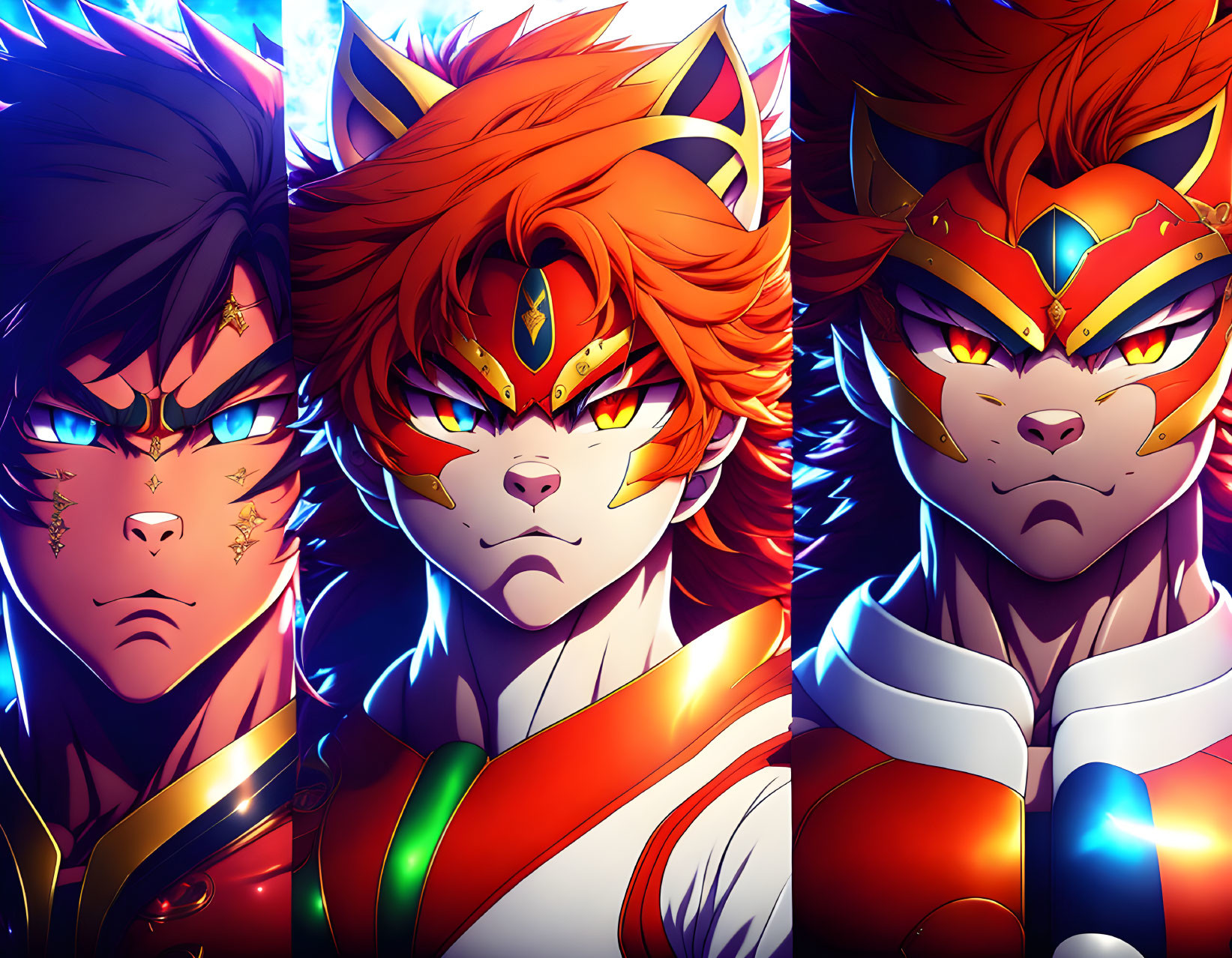 Stylized anime characters with intense expressions on red and blue background