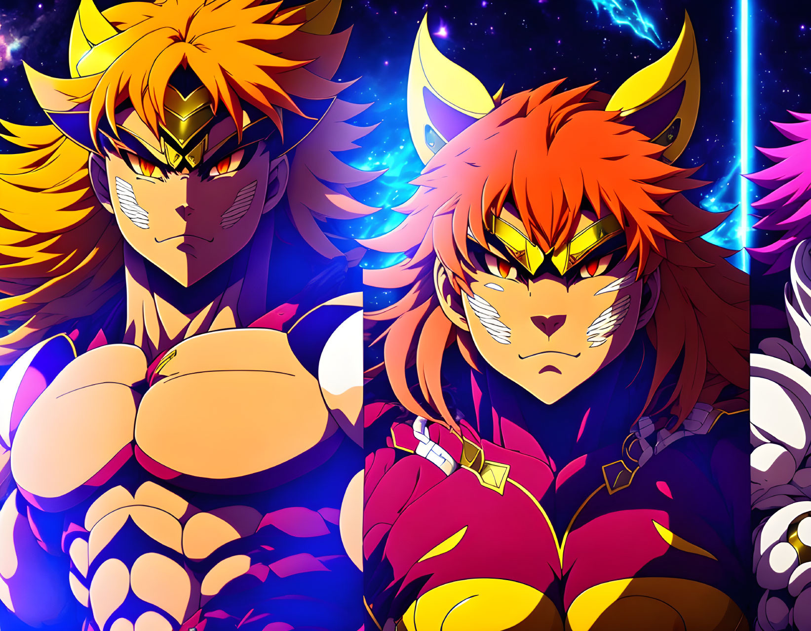 Stylized anime characters with lion features and glowing sword in cosmic setting