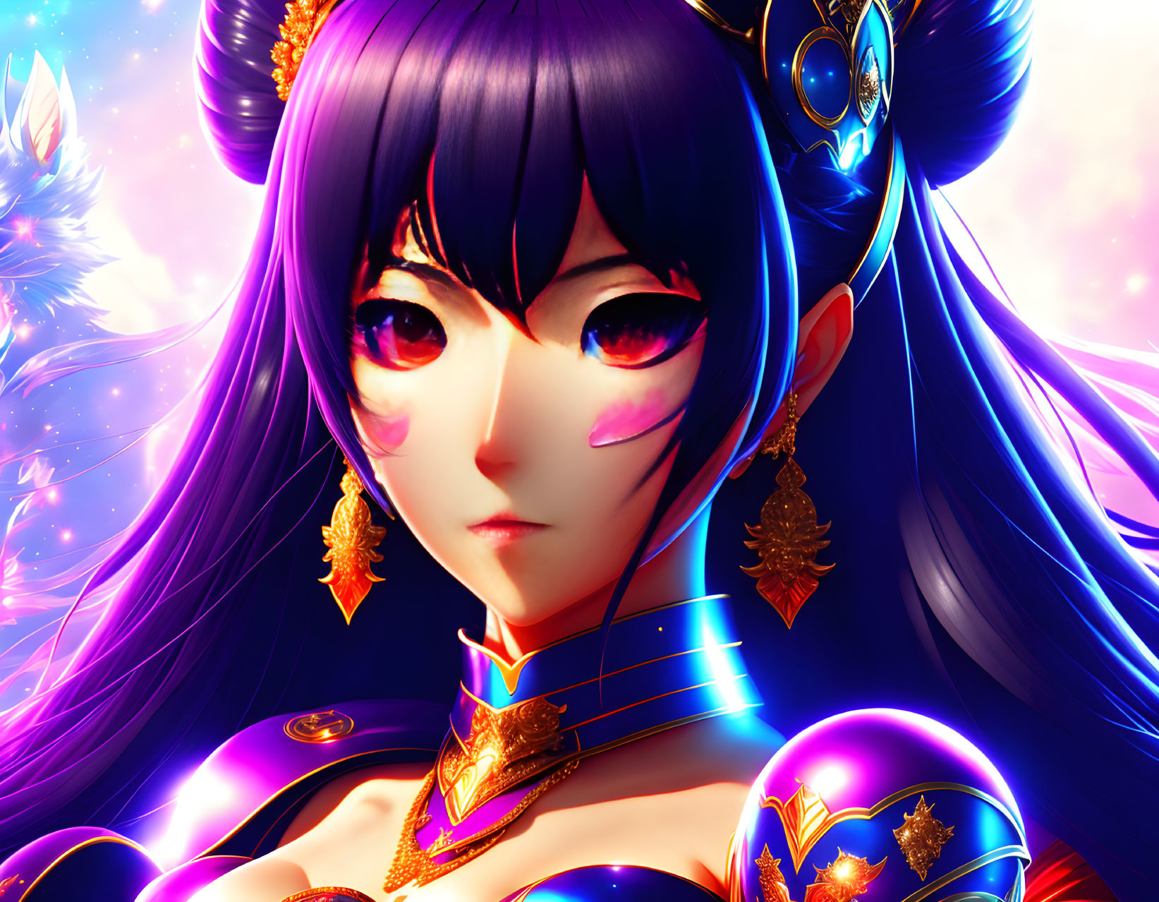 Illustration of female character with blue hair, red eyes, and golden jewelry in magical setting