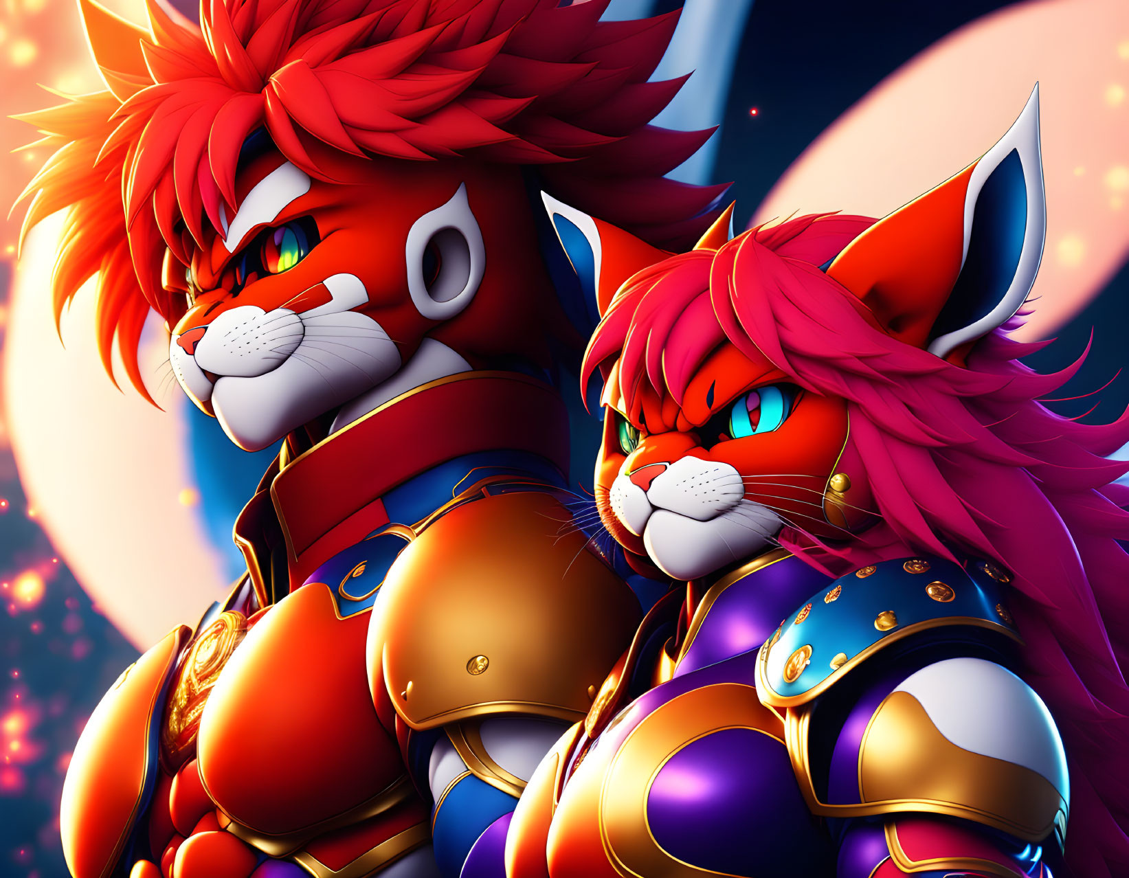 Colorful illustration: Armored lion couple in cosmic scene