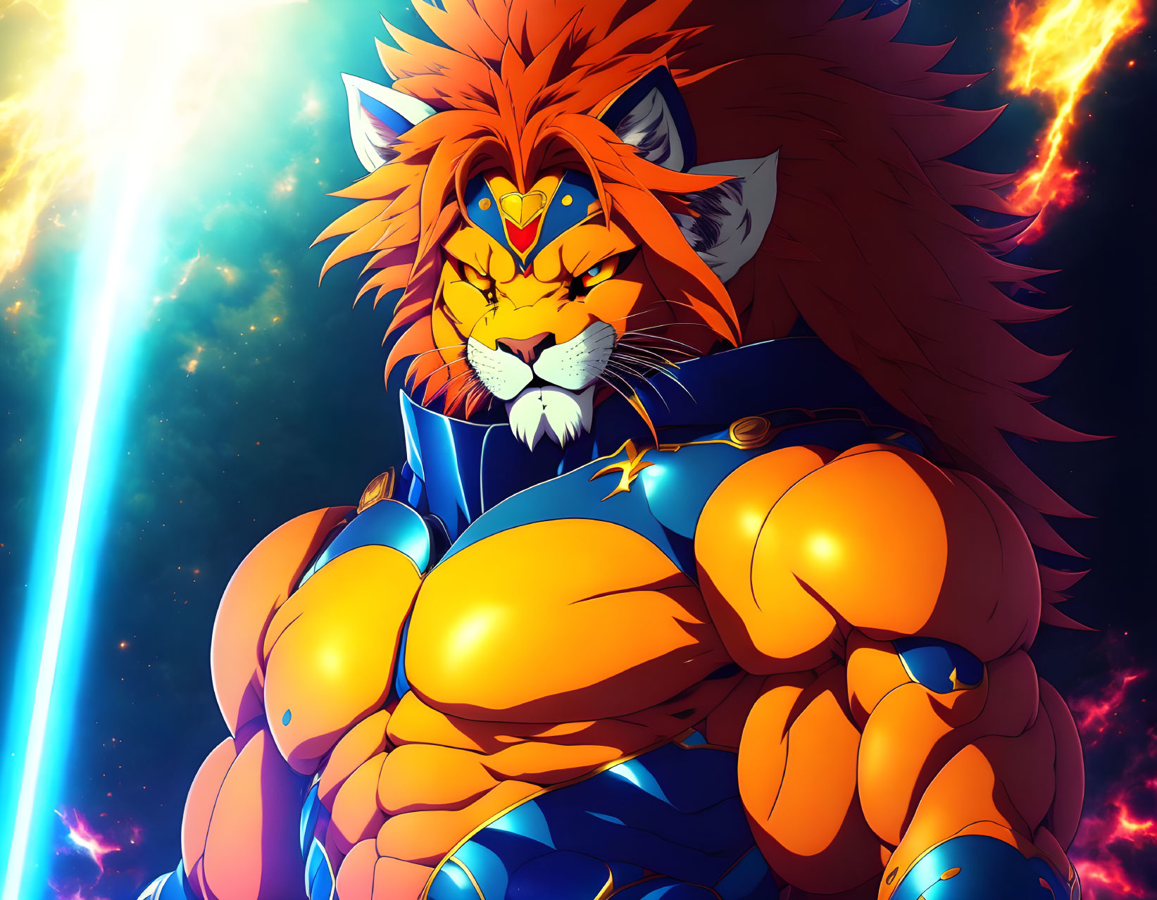 Animated blue-armored lion character with fiery aura.