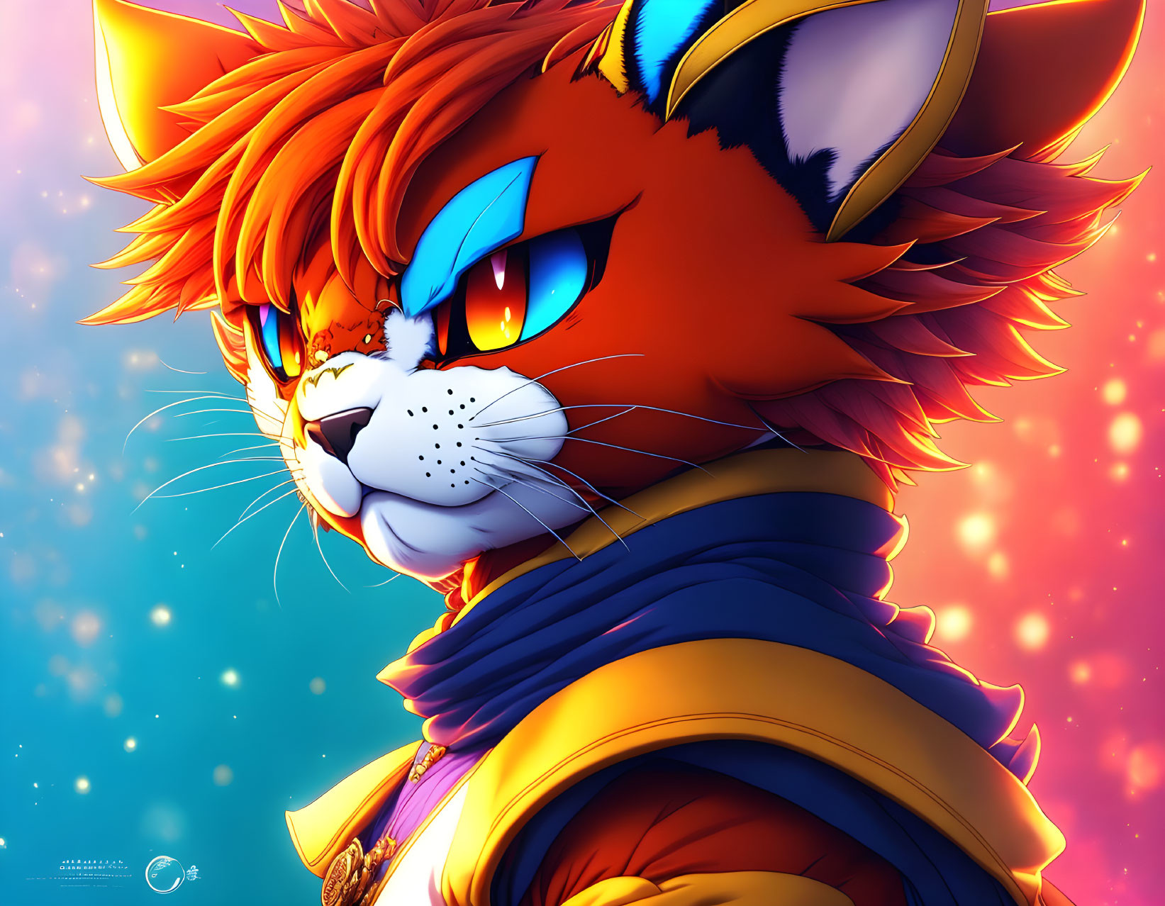 Colorful anthropomorphic tiger illustration with blue eyes and vibrant outfit on sparkling background