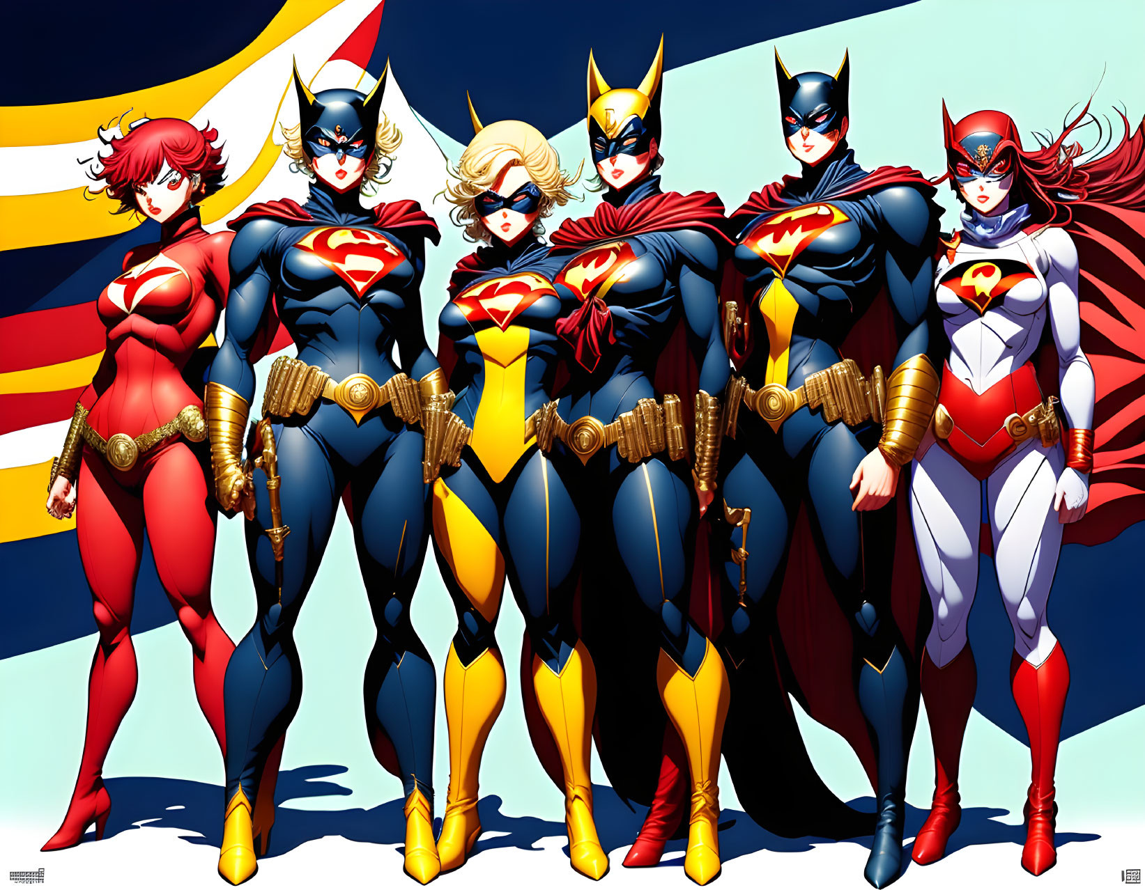 Five Female Superheroes in Confident Pose with Stars and Stripes Background