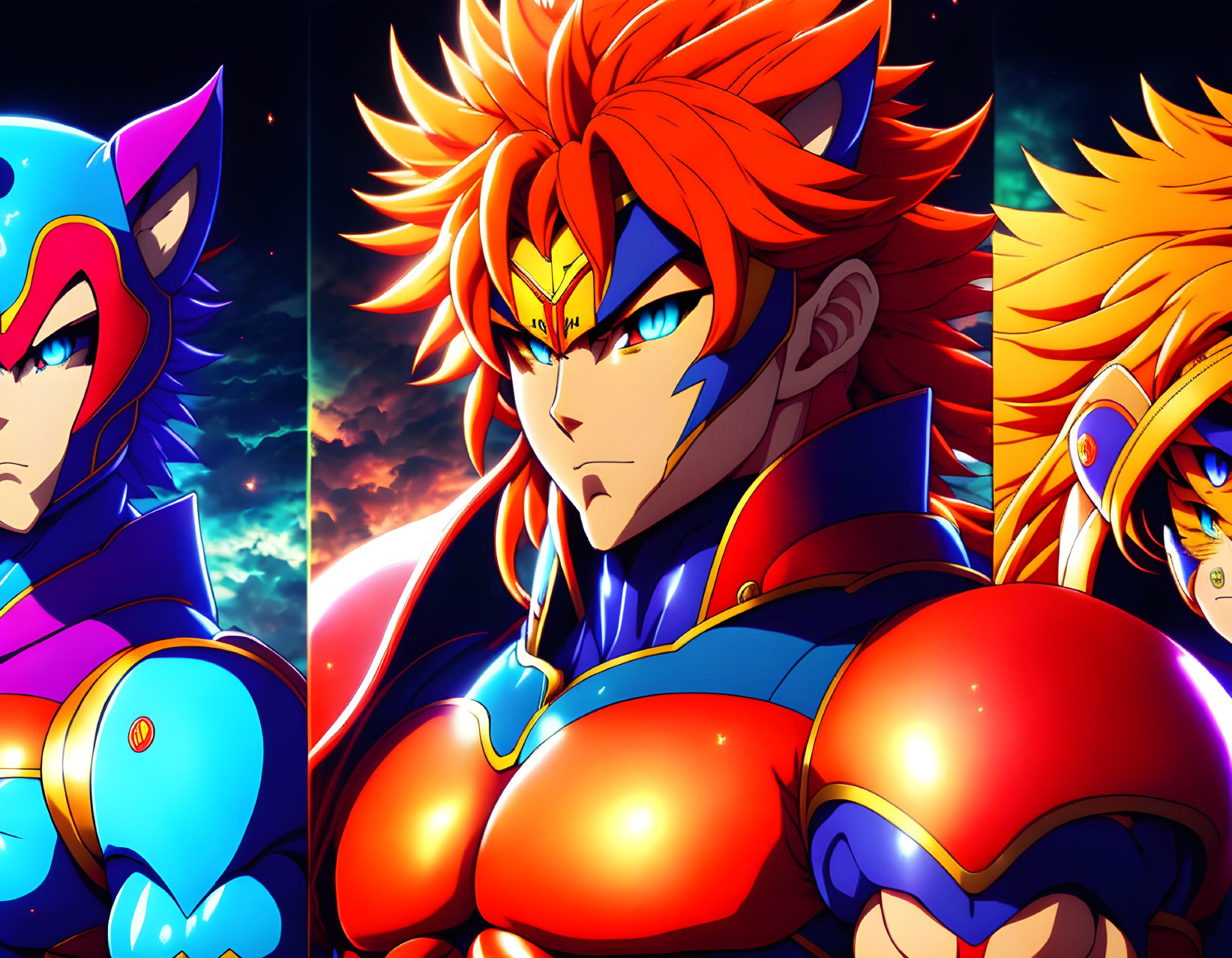 Three animated characters in unique armor and hairstyles in cosmic setting