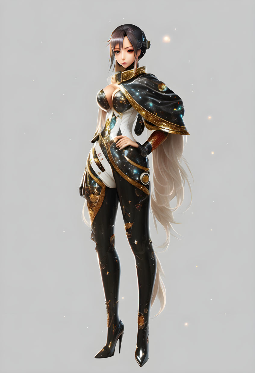 Futuristic female character in black and gold bodysuit with celestial motifs