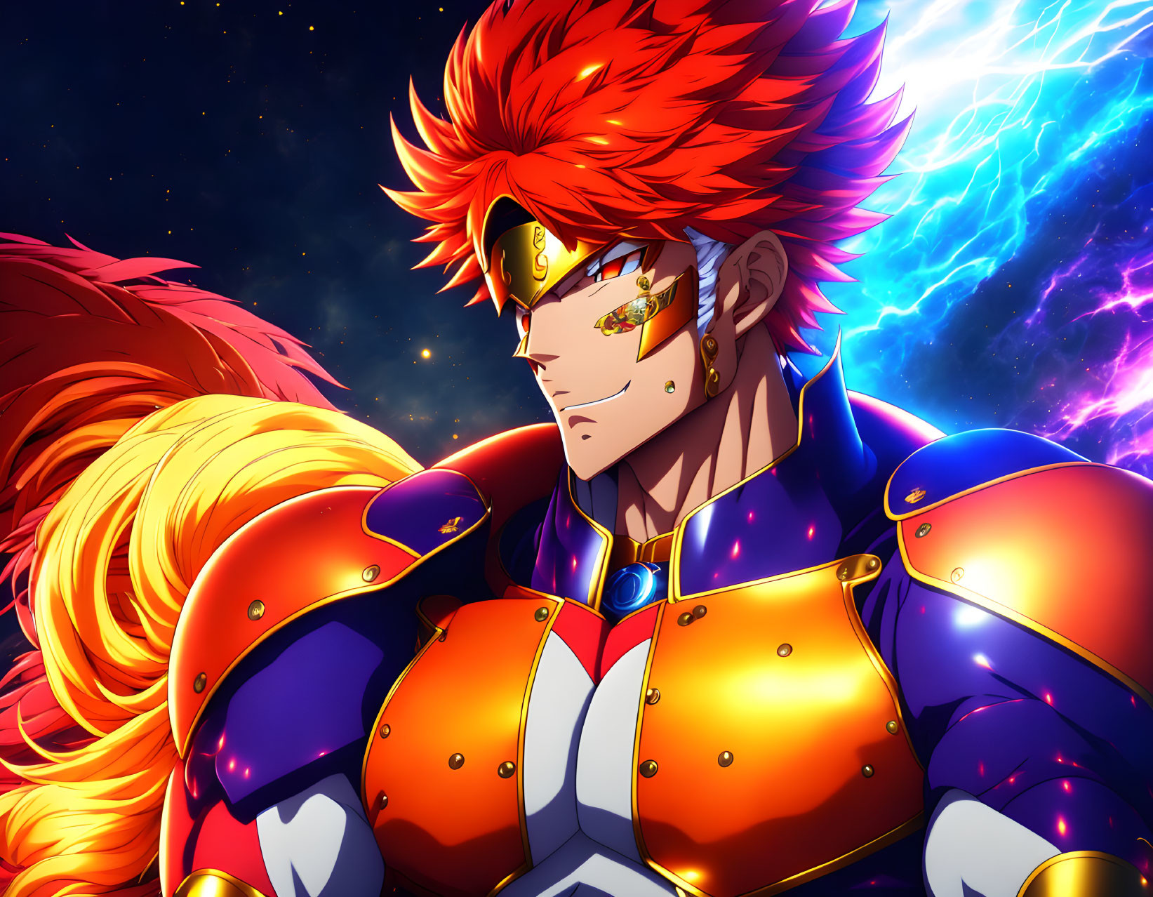 Spiky Red-Haired Animated Character in Colorful Armor against Cosmic Lightning