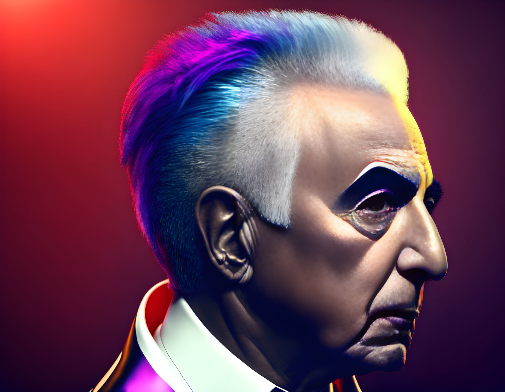 Colorful Mohawk Hairstyle on Older Man Against Red Background