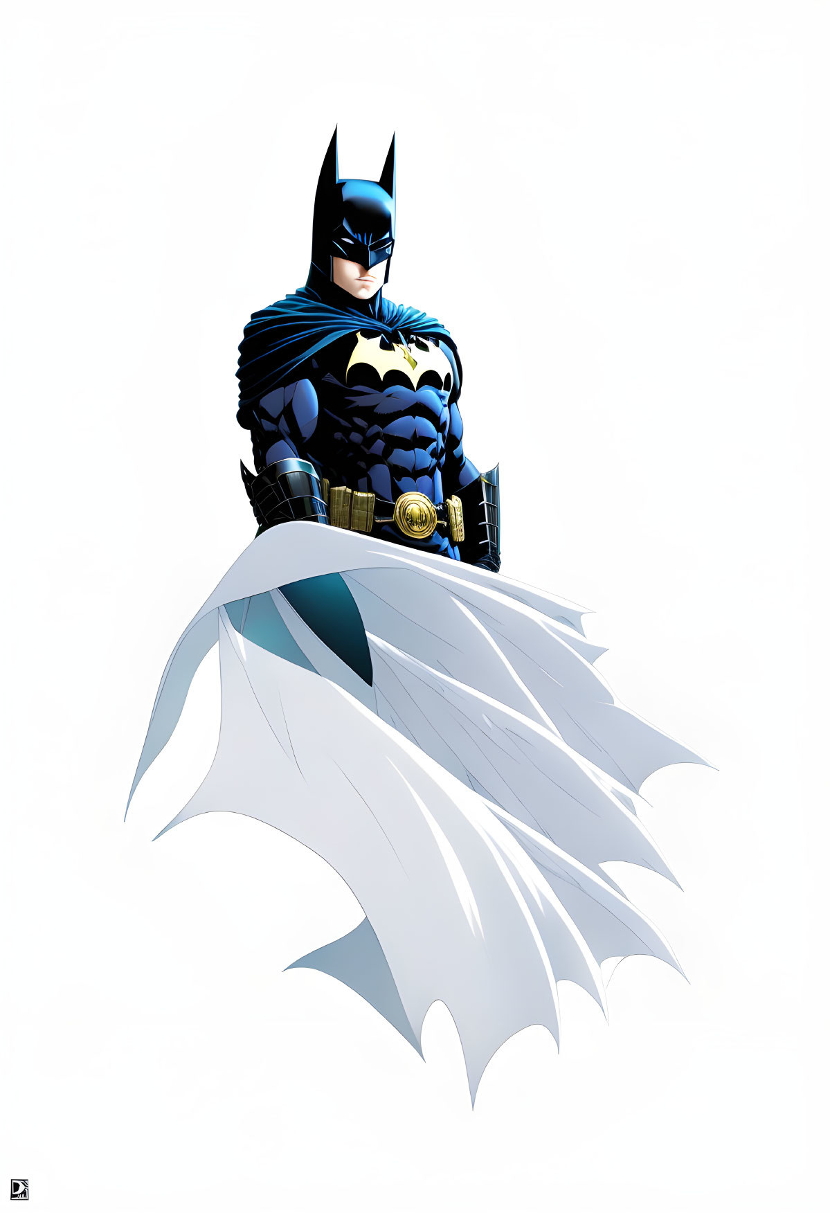 Dynamic Batman illustration with flowing cape and iconic suit on white background