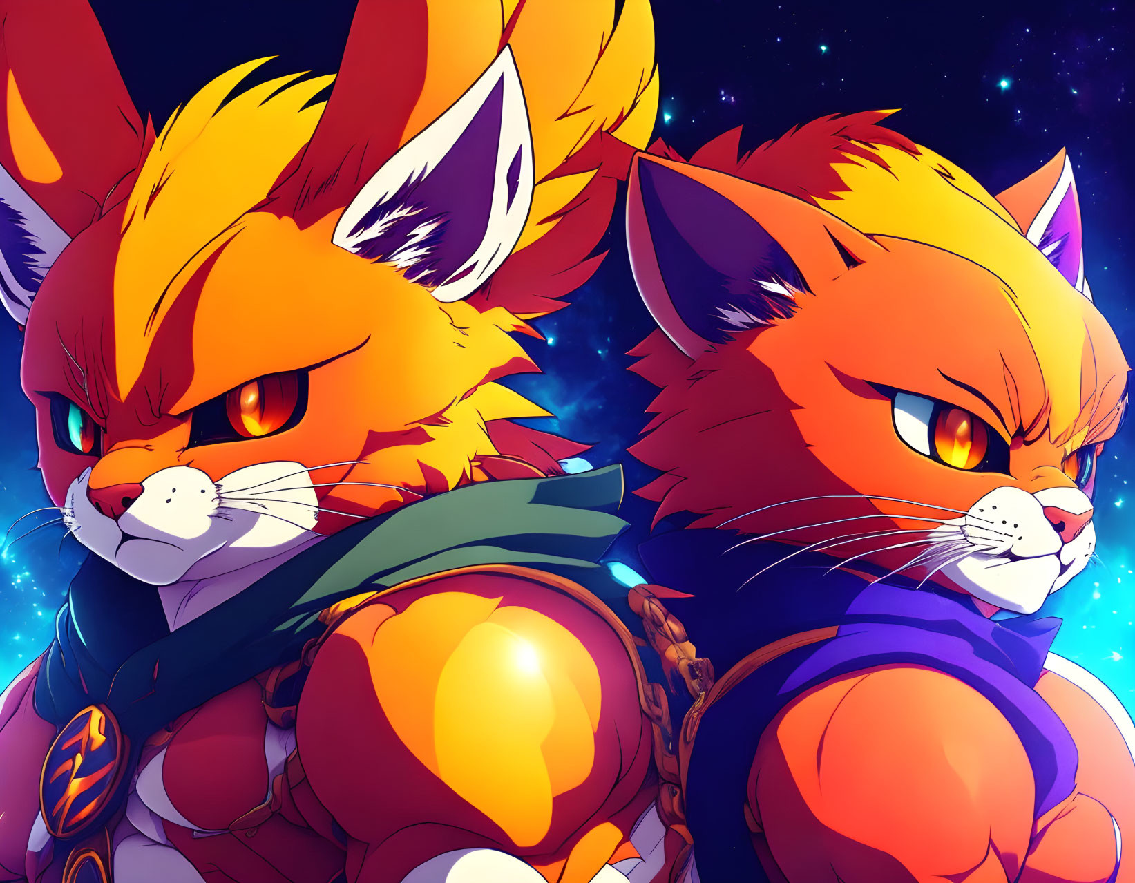 Stylized anthropomorphic fox characters against starry night sky