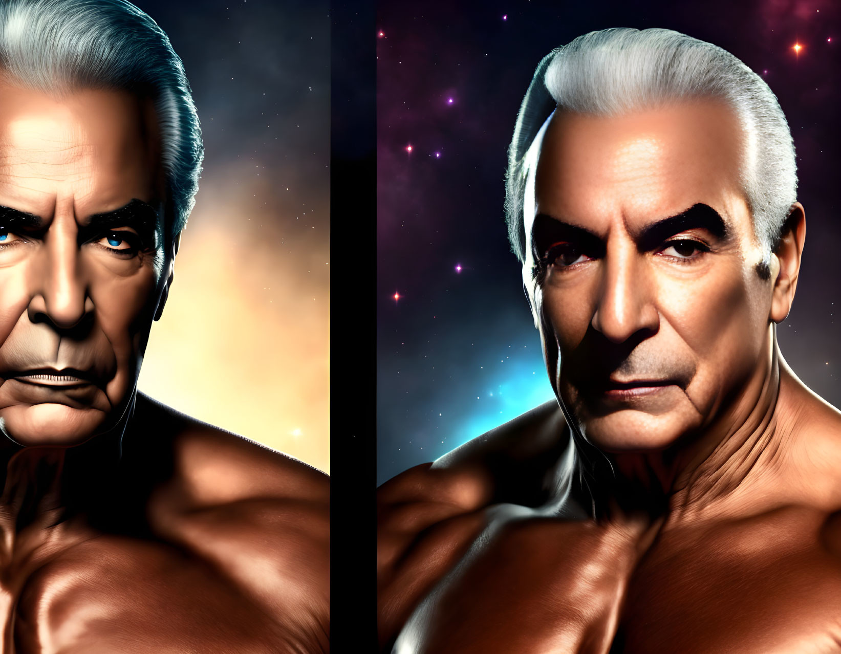 Aging male superheroes with fiery and cosmic backgrounds