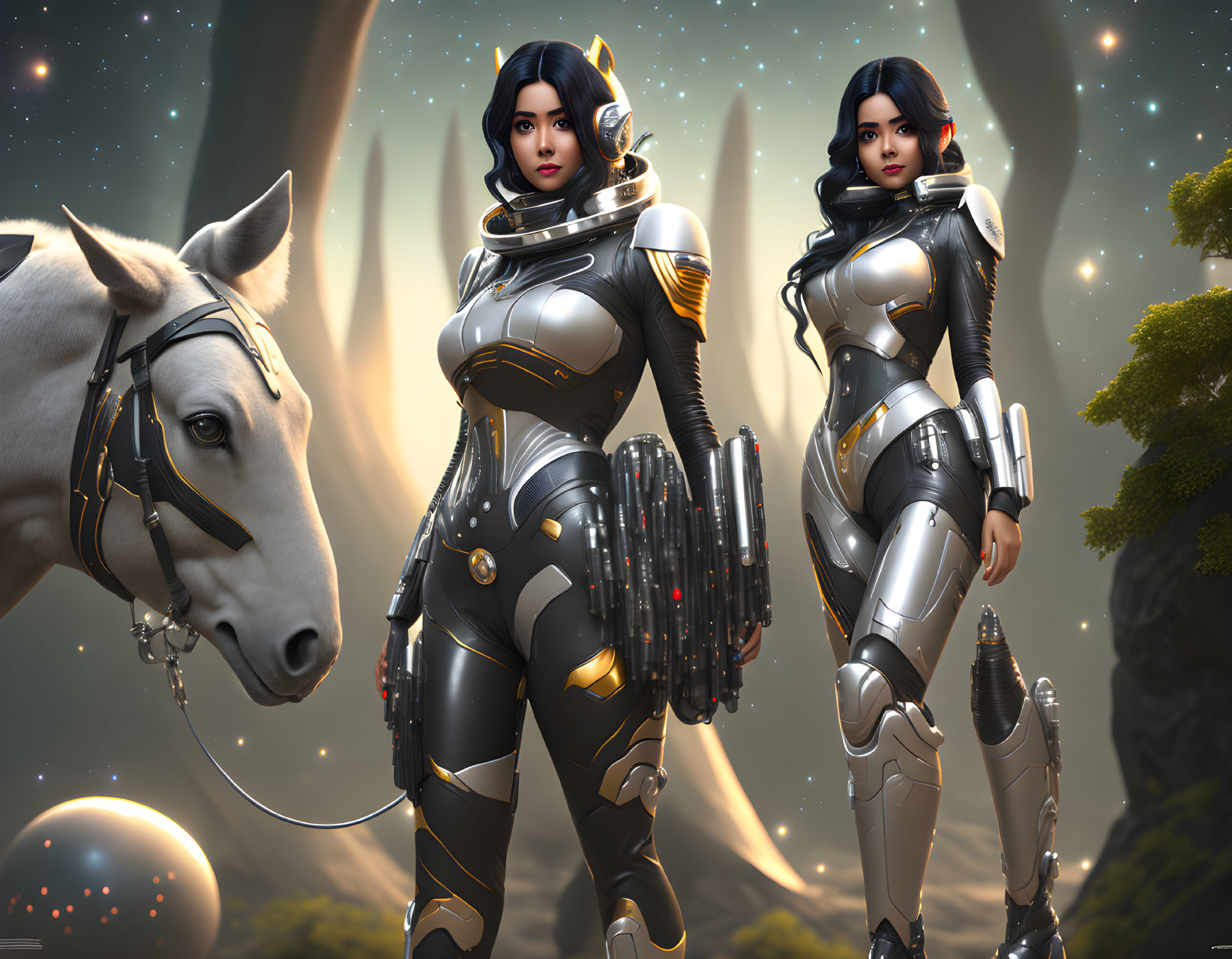 Futuristic armor-clad women with white horse in sci-fi cityscape