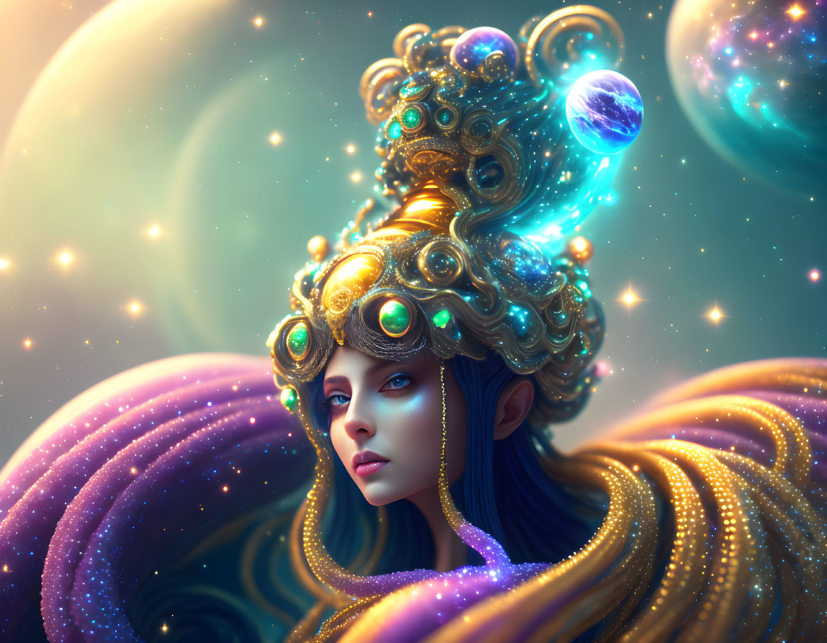 Fantastical portrait of a woman in cosmic-inspired attire