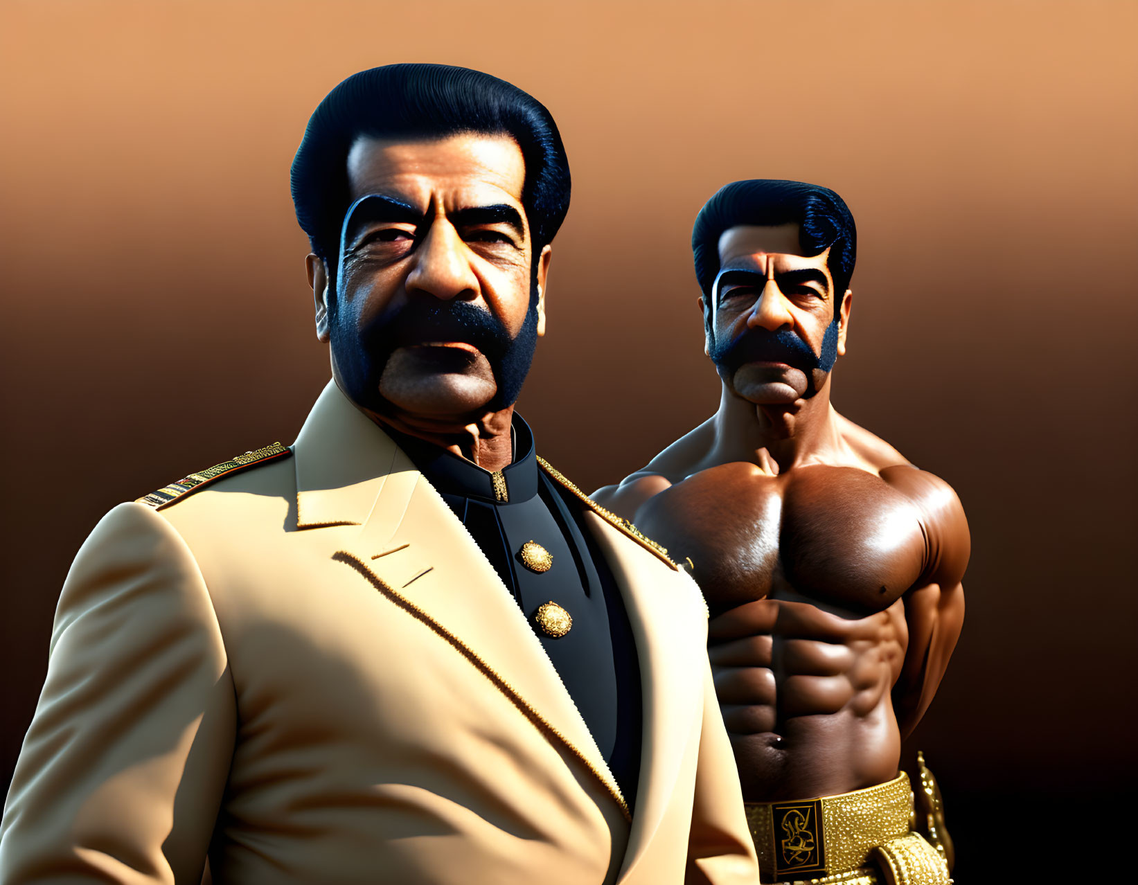 Stylized 3D characters in military uniform and shirtless on gradient background