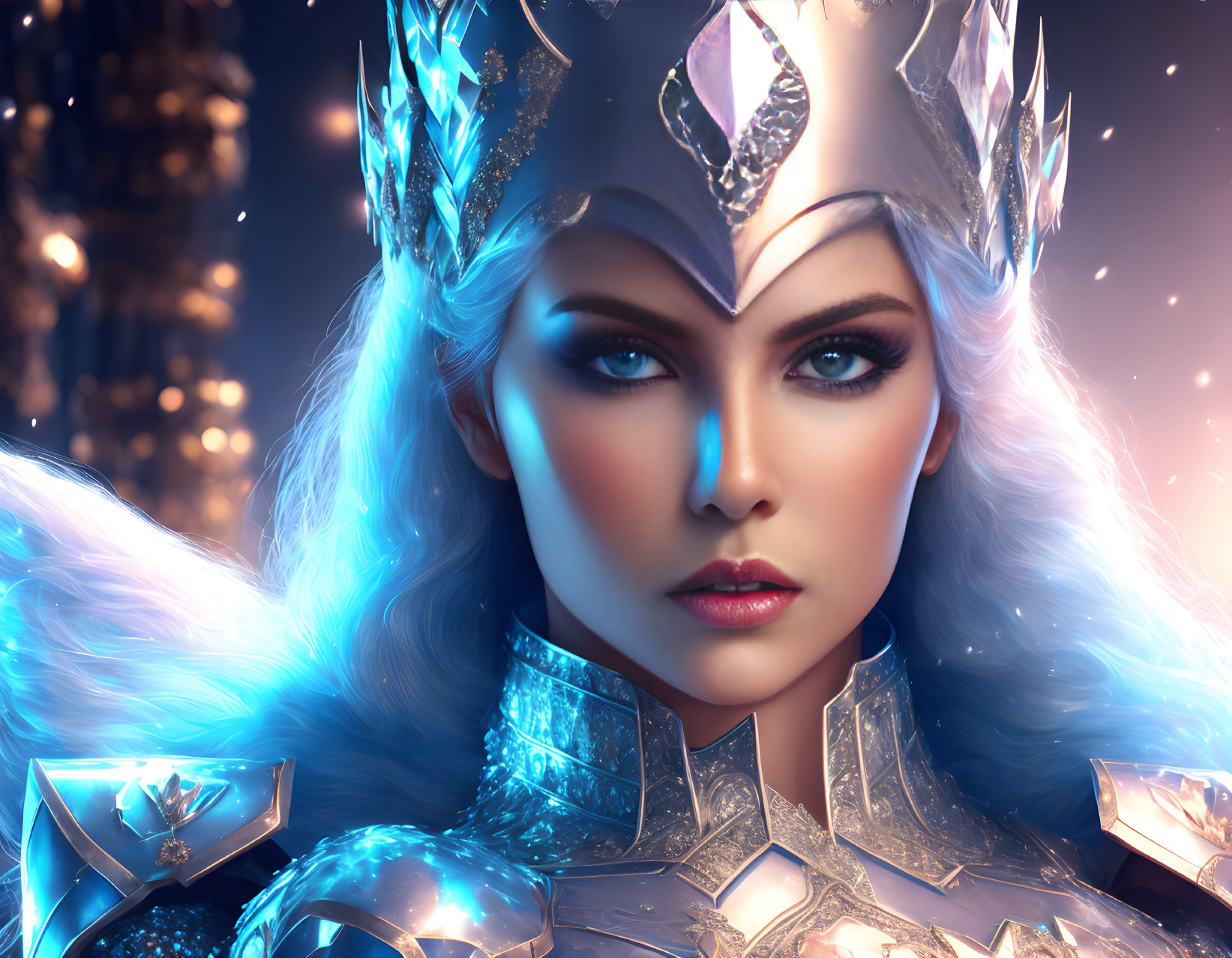 Woman with Glowing Blue Eyes and Crystal Crown Illustration