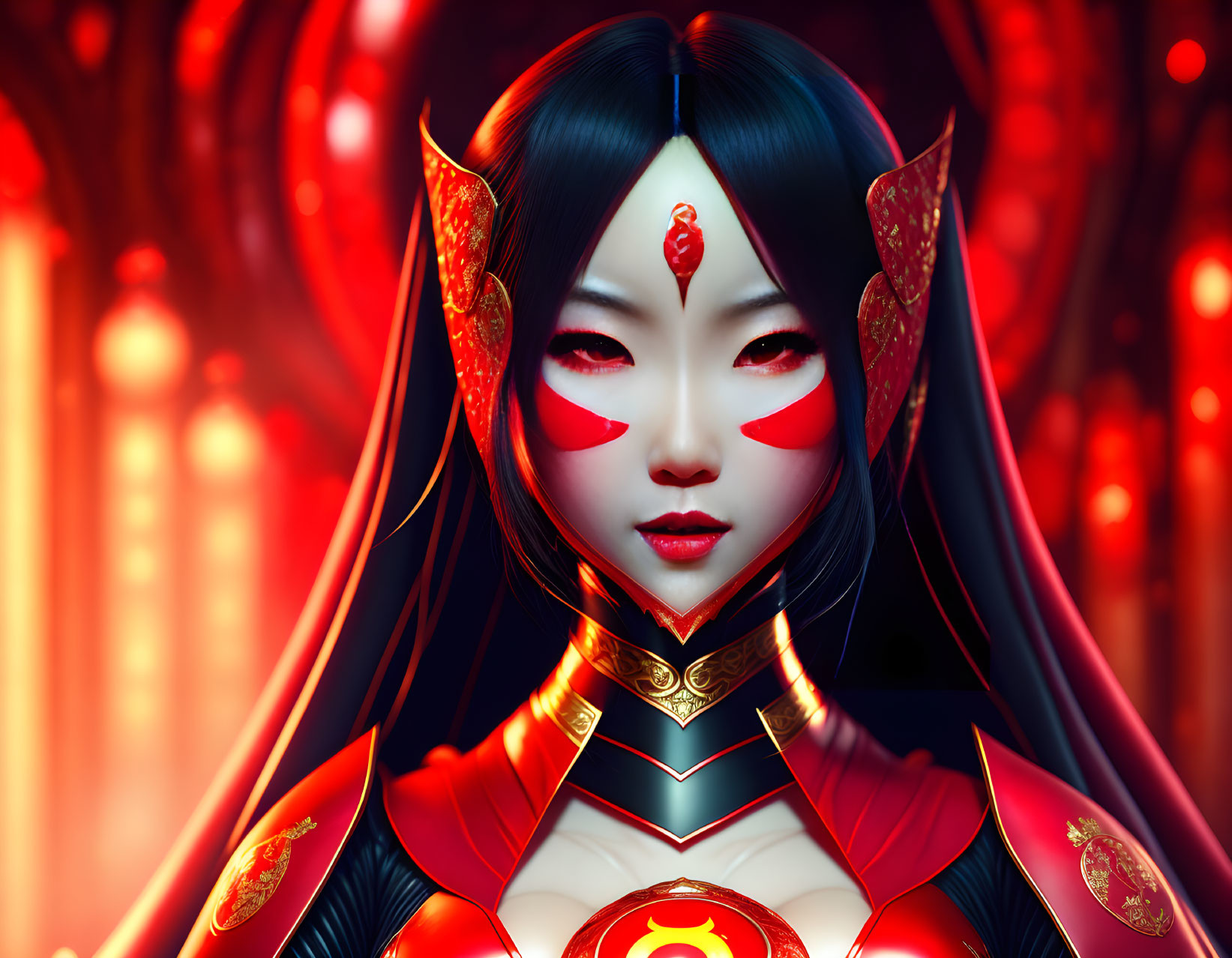 Animated female character in red and gold armor with facial markings, mystical setting, glowing red lanterns.