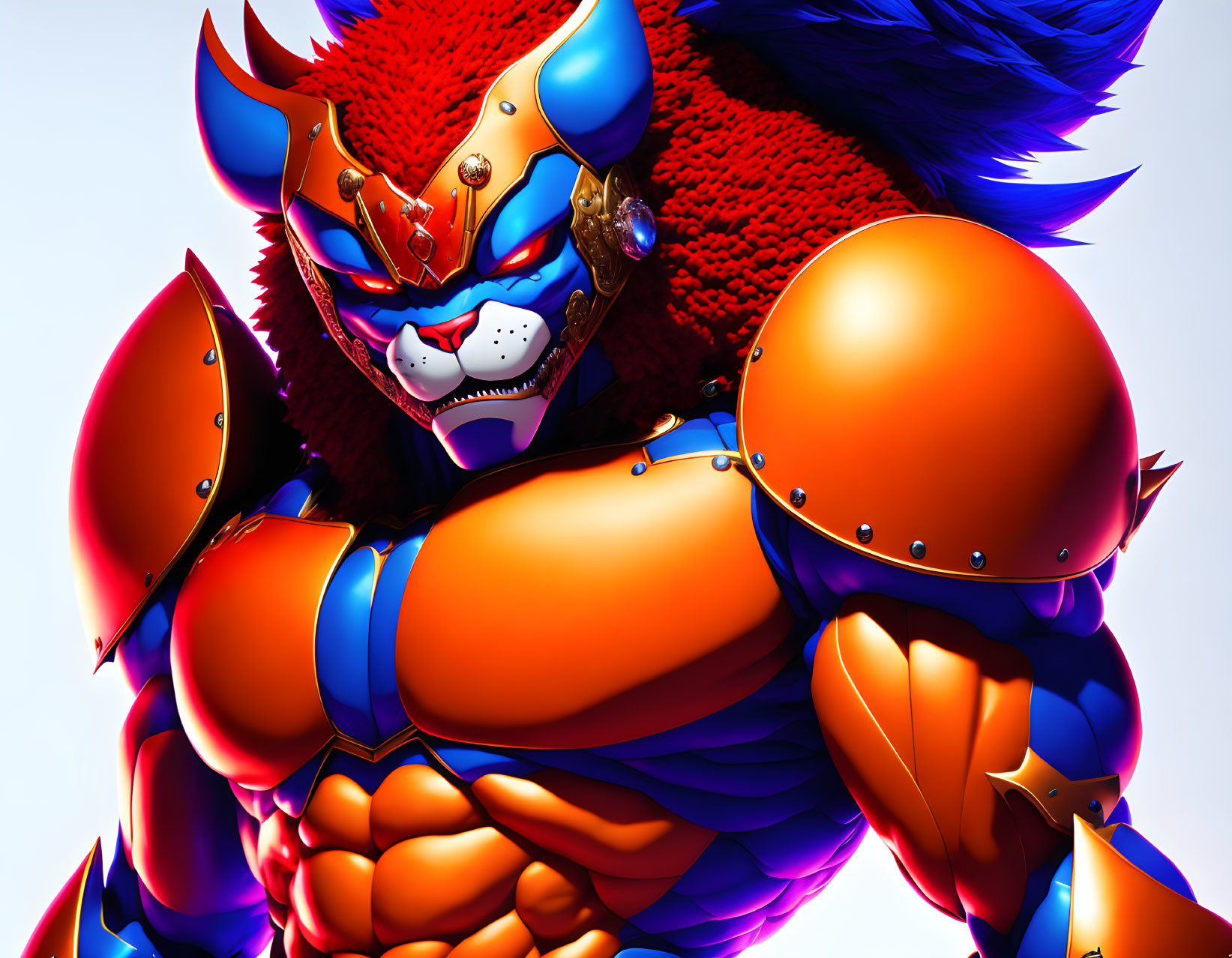 Colorful character in red and blue armored suit with fox mask on white background