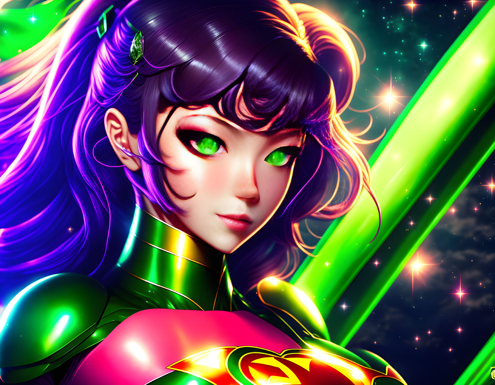 Vibrant green-eyed girl in futuristic attire against cosmic backdrop