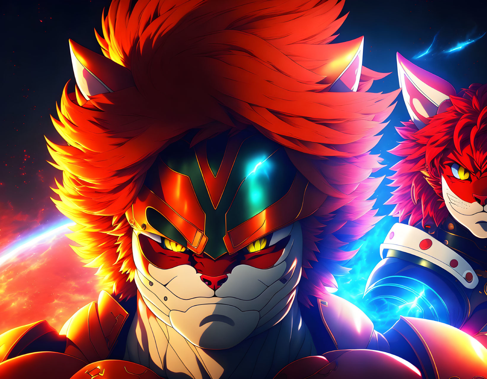 Armored anthropomorphic lions with fiery manes in cosmic setting