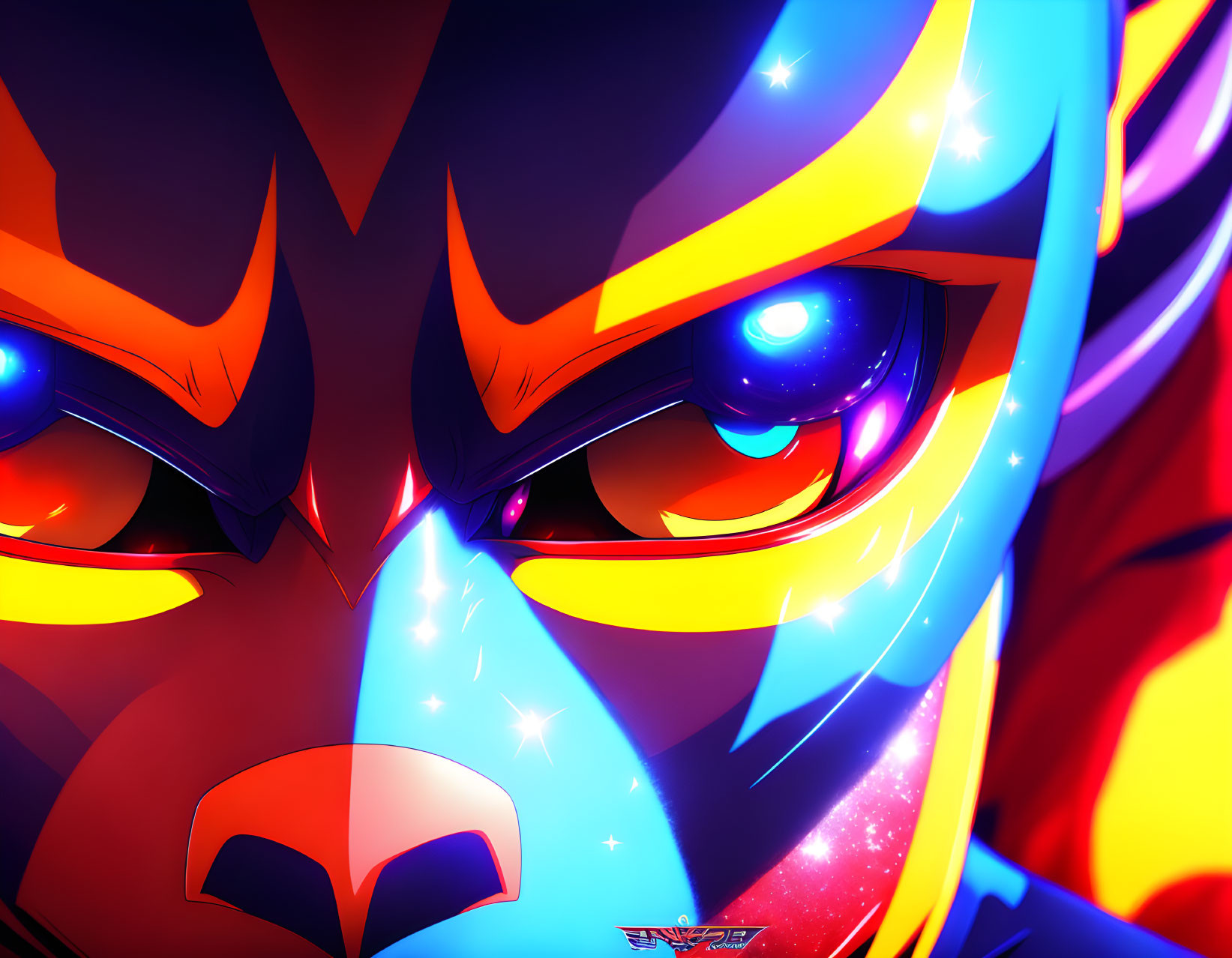 Colorful digital artwork featuring fiery red and cool blue creature with mystical energy.