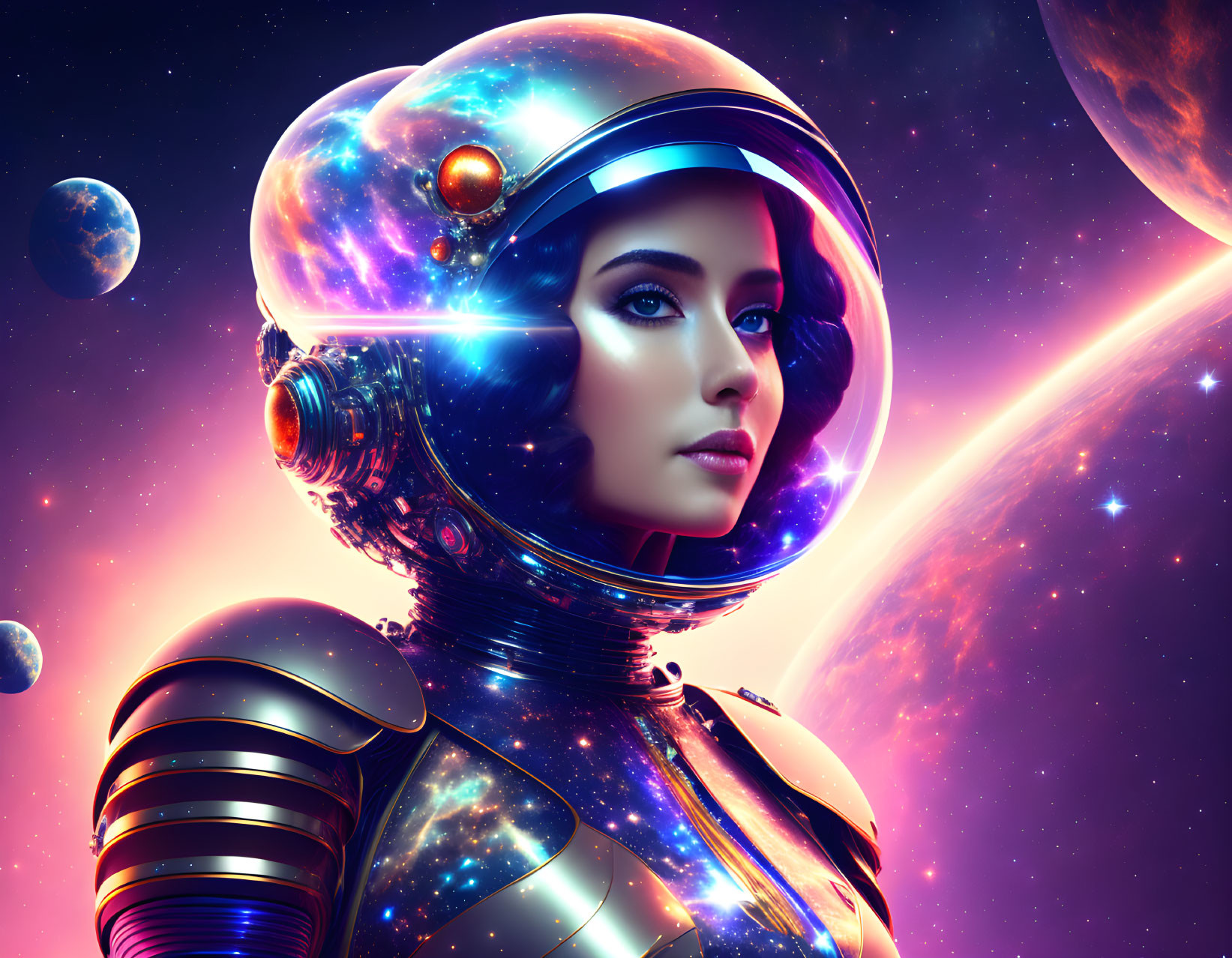 Female astronaut in futuristic suit with reflective helmet, surrounded by cosmic views.