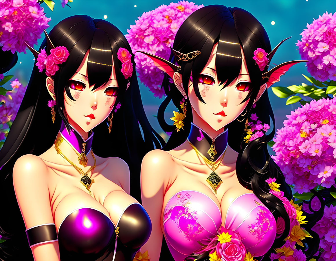 Dark-haired characters with red eyes in ornate floral setting, wearing gold jewelry and traditional attire