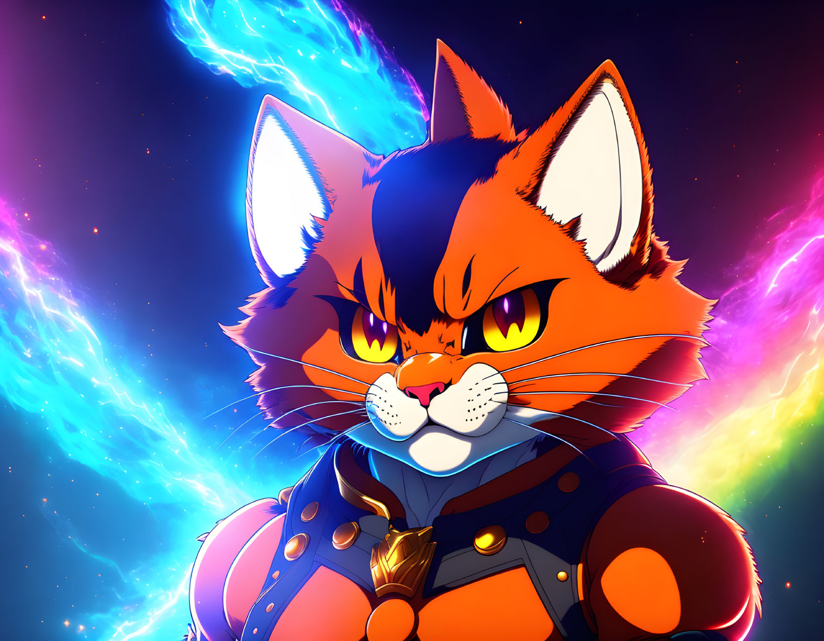 Orange Cat with Blue Collar in Cosmic Background