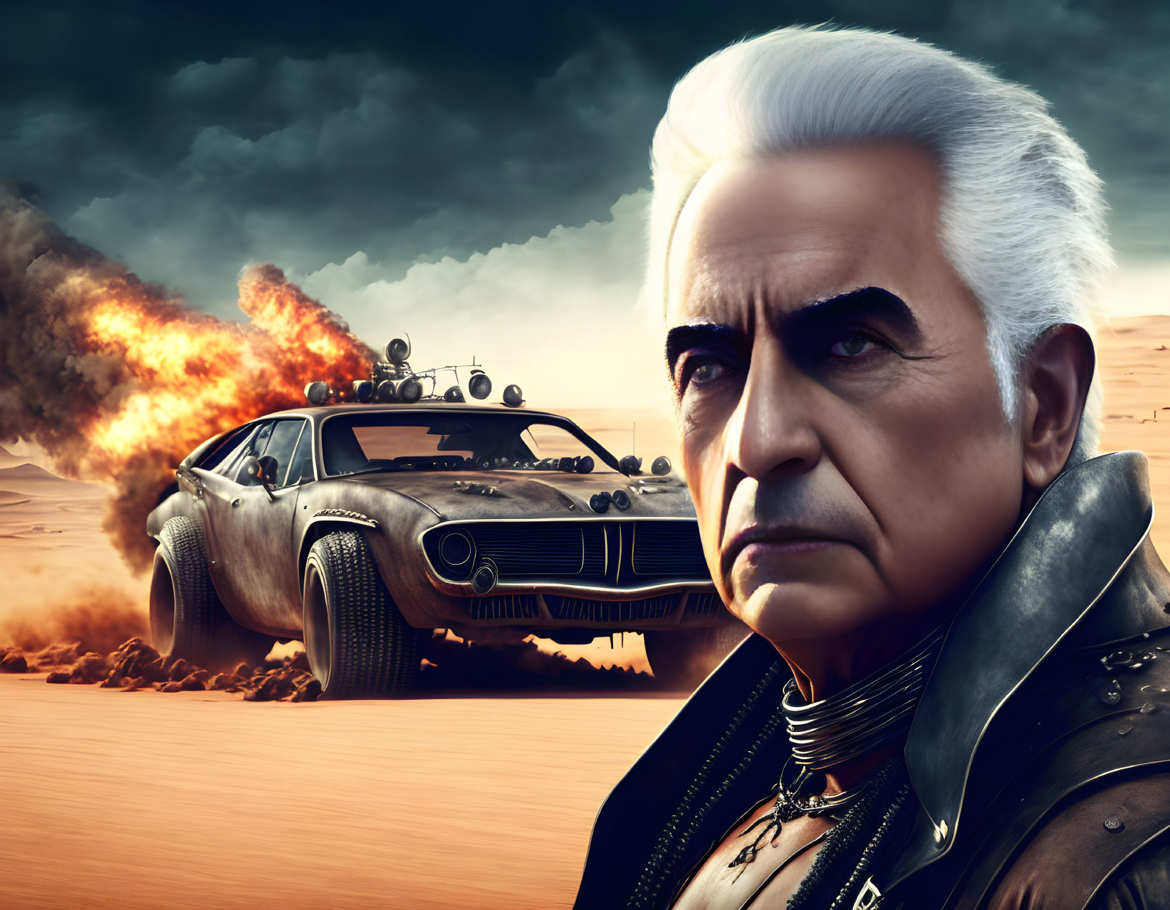 White-haired man in dark clothing with fiery explosion and retro-futuristic car in desert.