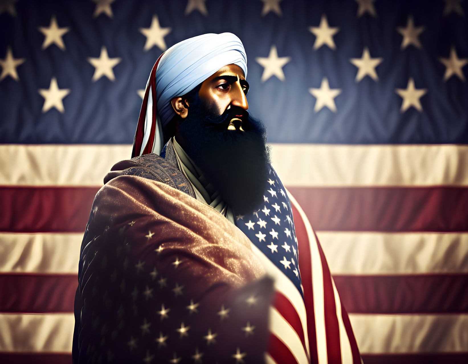 Bearded man in turban with American flag background