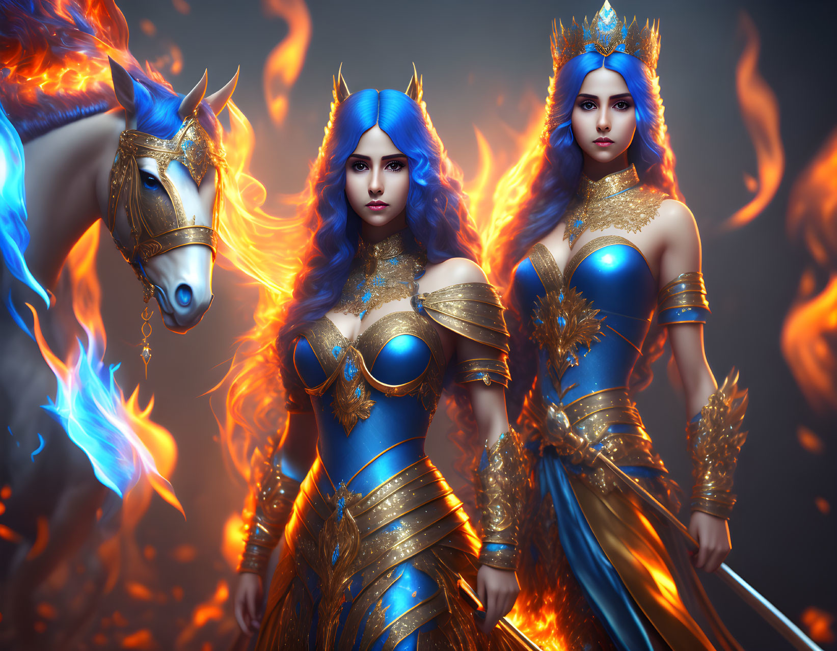 Twin warriors in blue and gold armor with fiery horse in fantastical scene