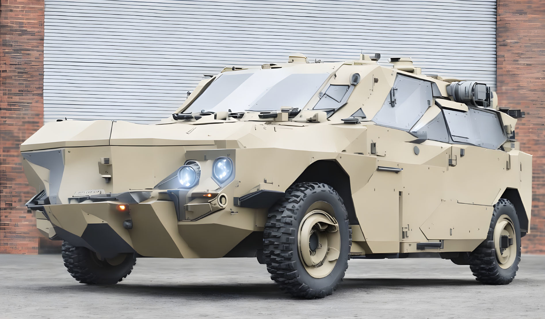 Armored military vehicle with gun turret parked in front of closed industrial shutter