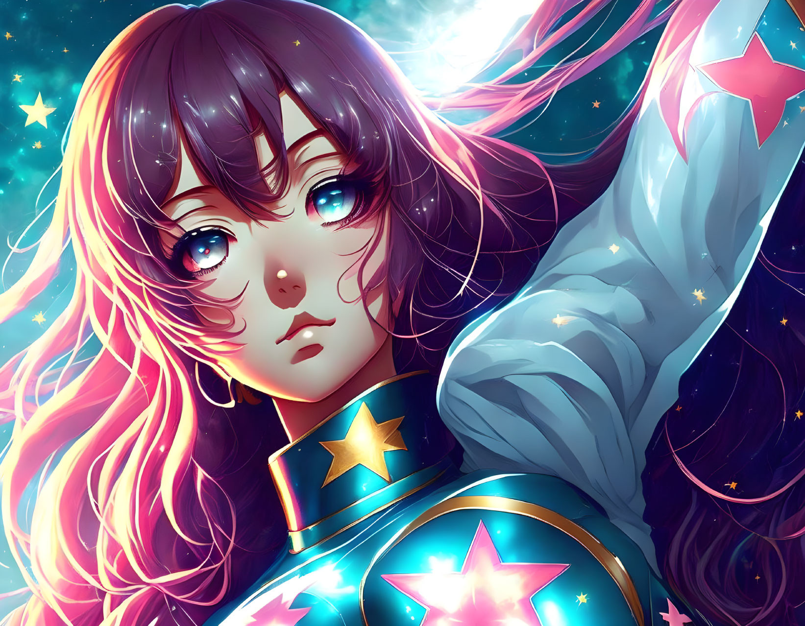 Starry-eyed anime girl with pink hair in cosmic outfit