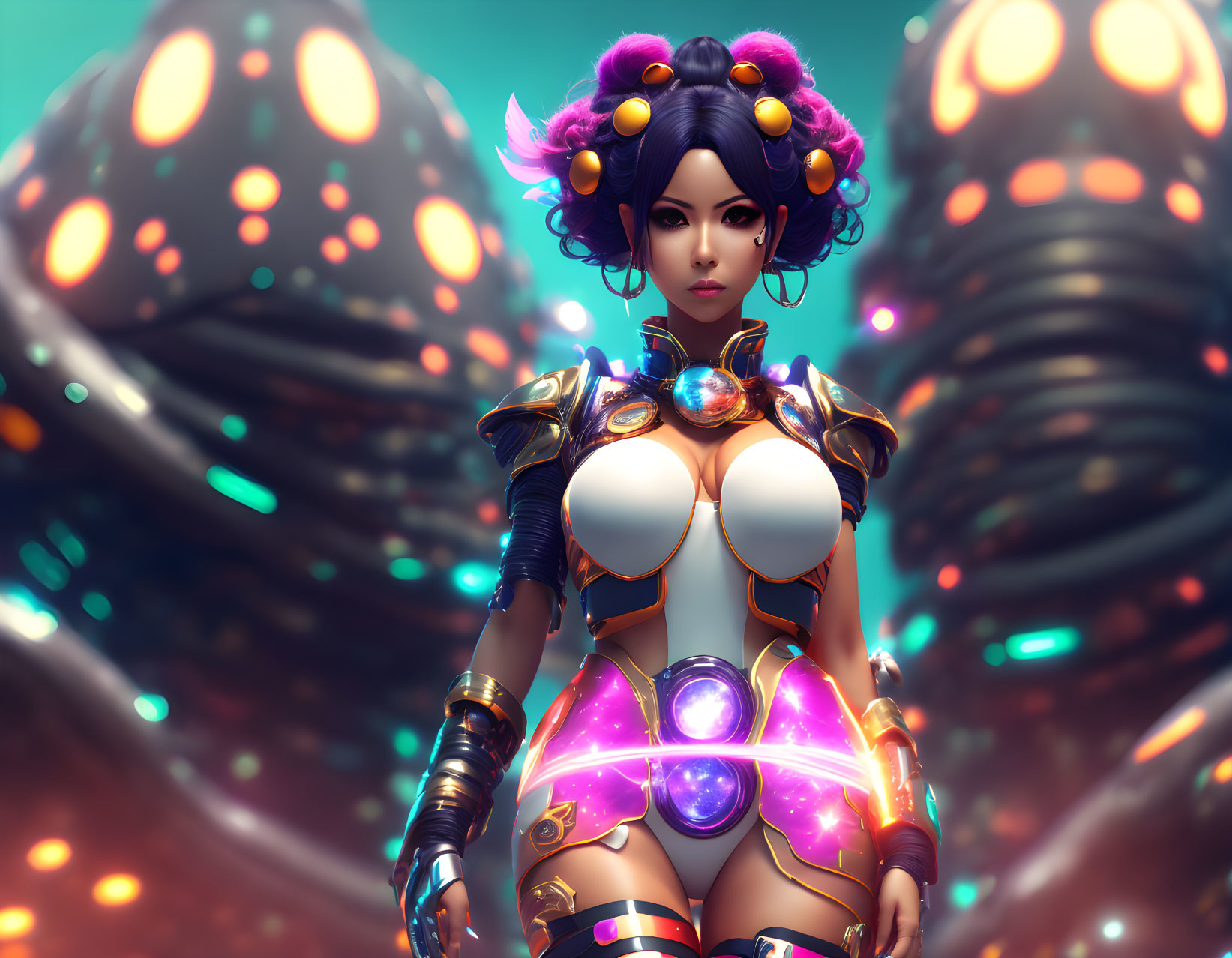 Futuristic female character with purple hair in elaborate armor and glowing orbs background