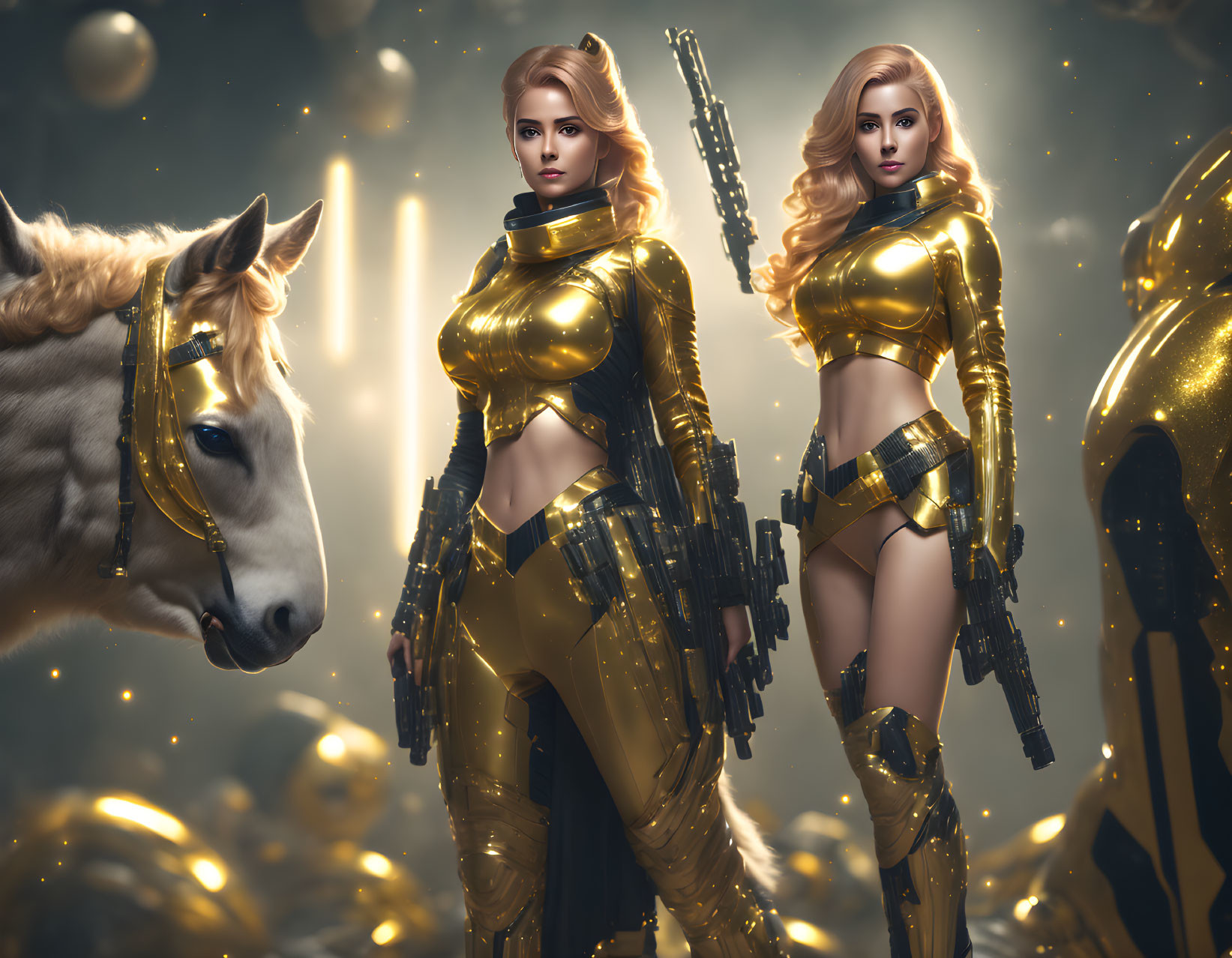 Futuristic gold armor women with pale horse in golden light landscape