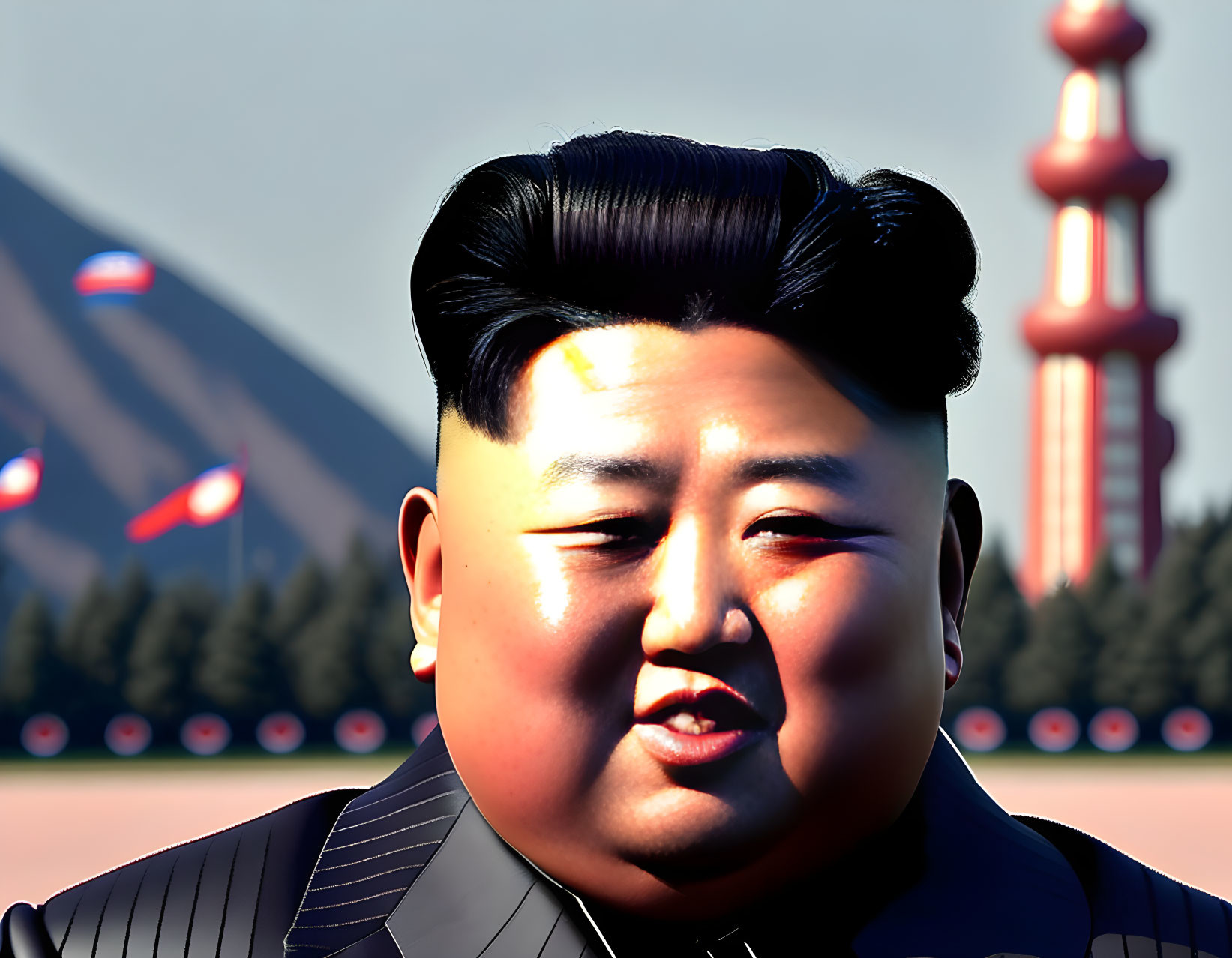 Man with distinctive haircut smiling in front of flags and tower