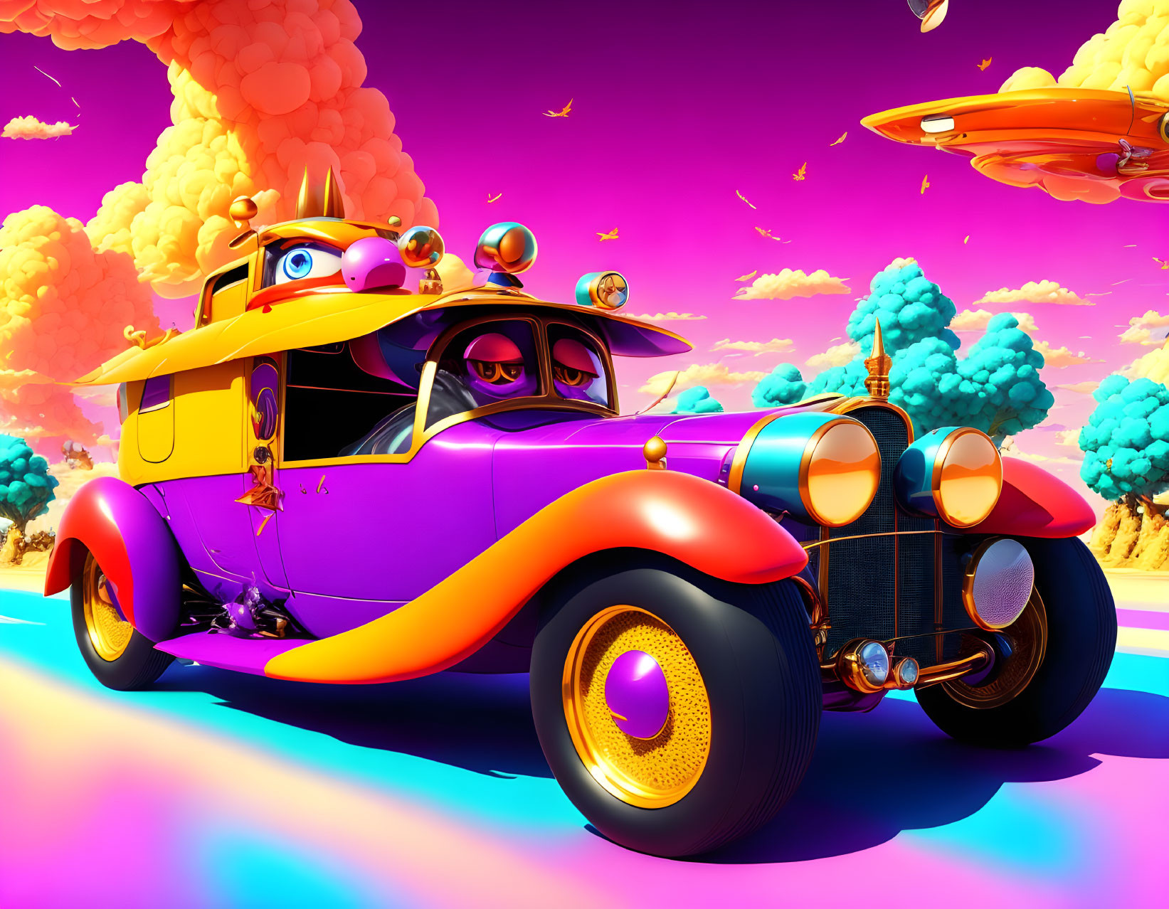 Vibrant vintage car with anthropomorphic features in surreal landscape