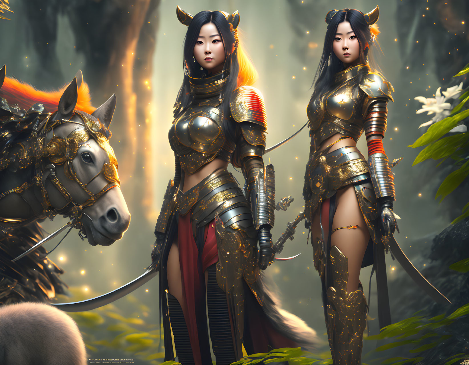 Two women in golden armor with horse in mystical forest.