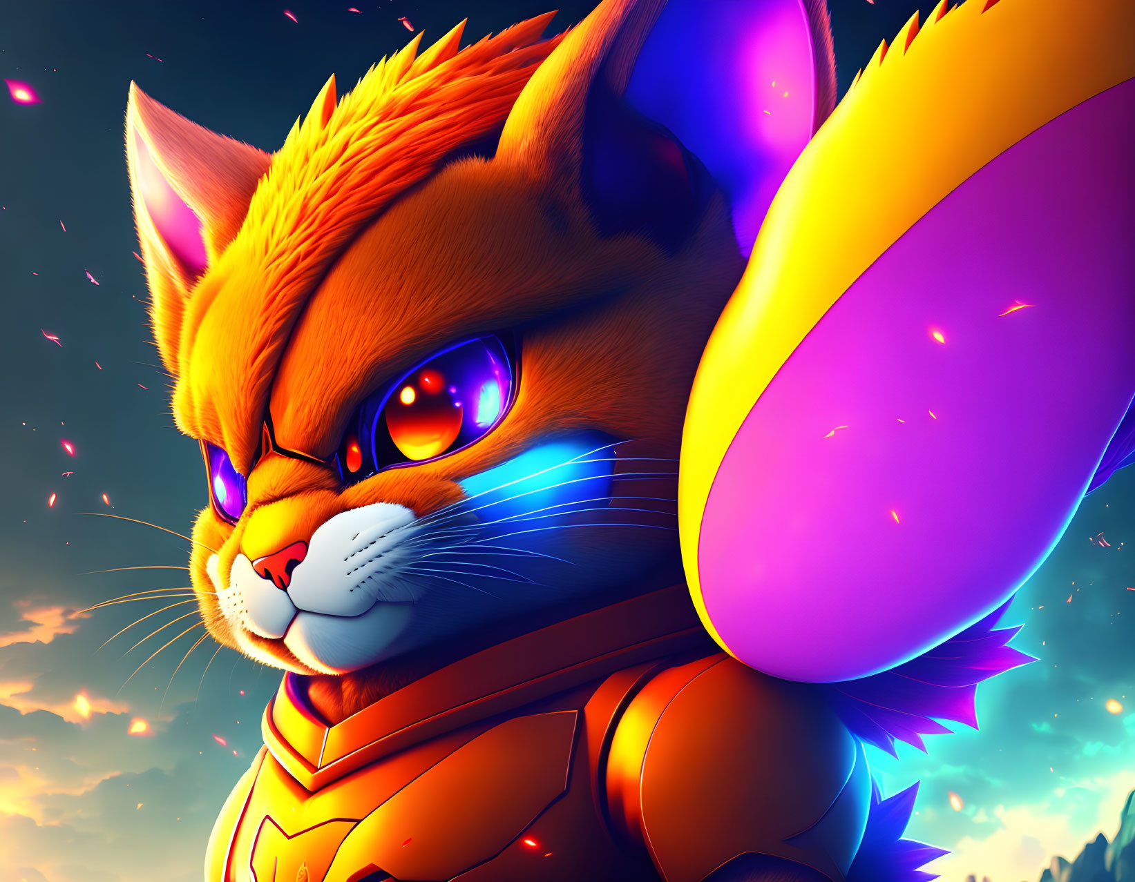 Orange armored cat with glowing blue eyes and purple tail in dusk sky.