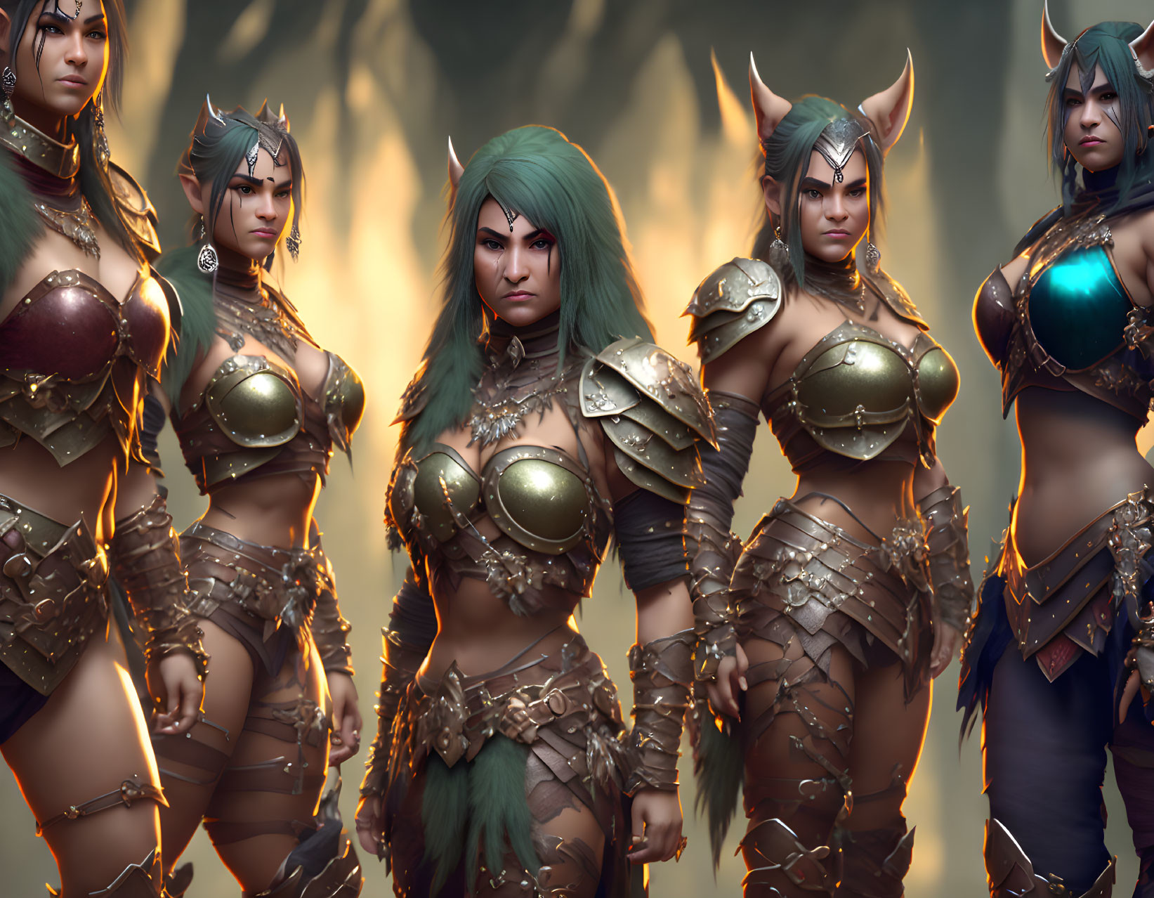 Five Female Warriors in Green Hair and Bronze Armor Against Fiery Background