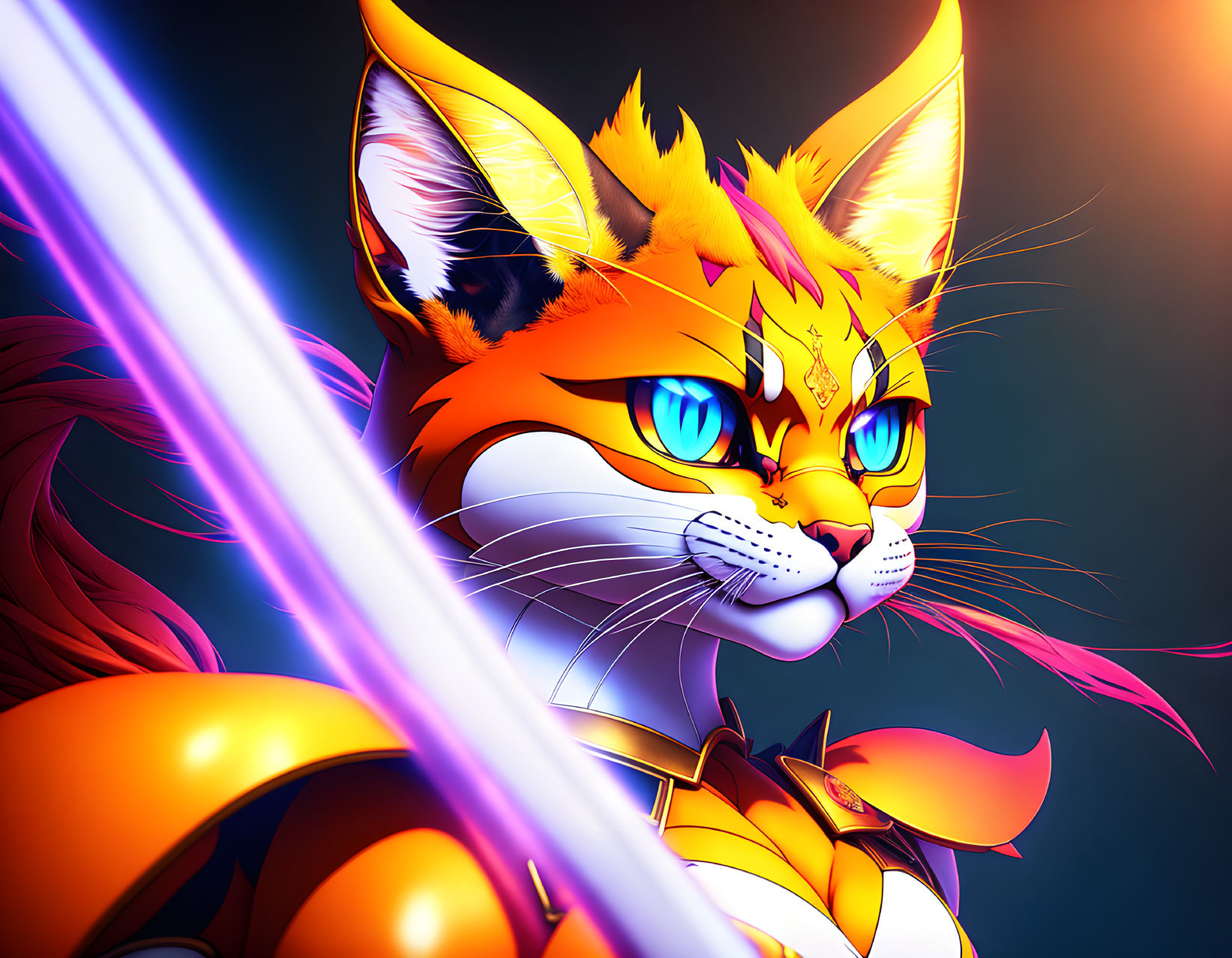 Anthropomorphic feline warrior in armor with glowing swords.