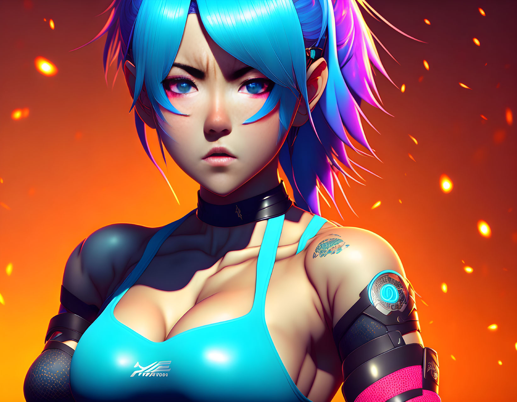 Futuristic female character with blue hair on glowing orange backdrop